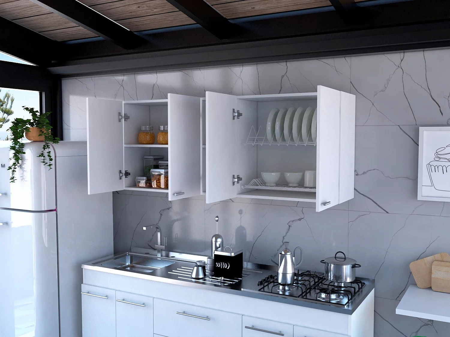 Móvel de cozinha Portofino 150, grande e prático, com portas e prateleiras para pratos , 59.99 cm X 149.98 cm X 31.49 cm , Branco