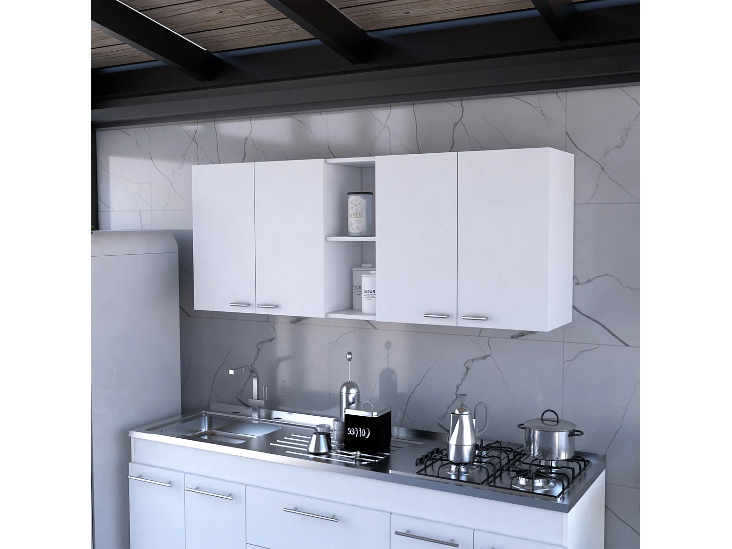 Móvel de cozinha Portofino 150, grande e prático, com portas e prateleiras para pratos , 59.99 cm X 149.98 cm X 31.49 cm , Branco