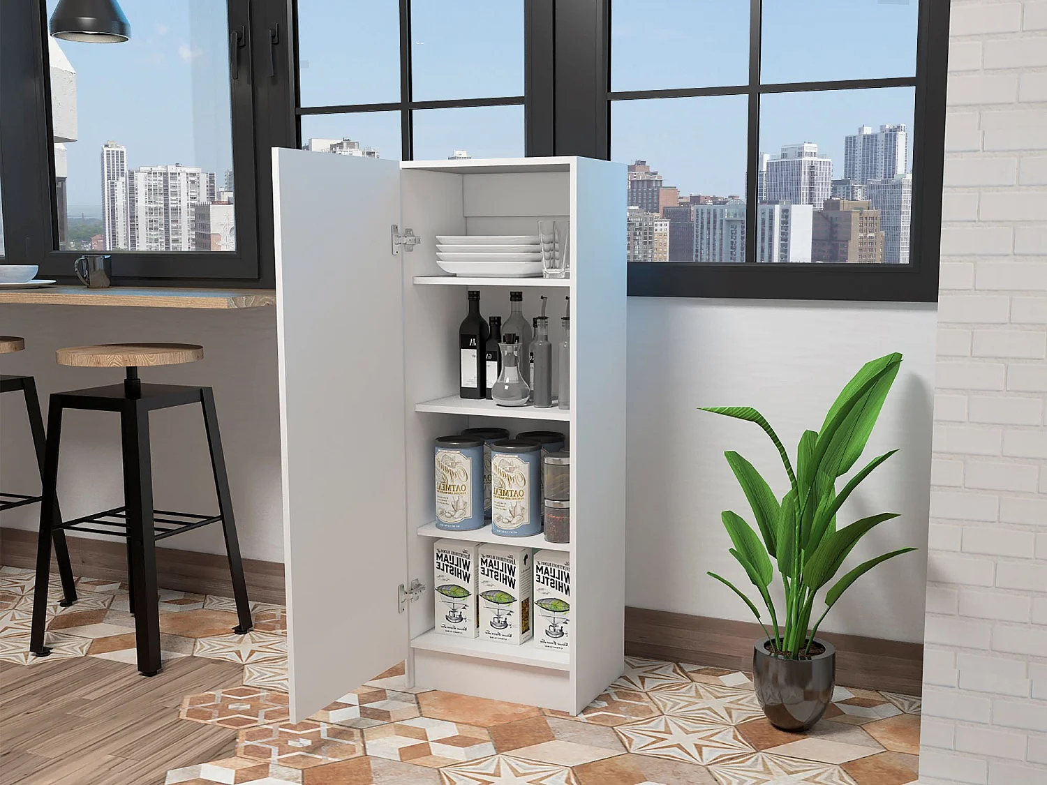 Credenza Belleria, stile minimalista con 4 ripiani e design compatto , 120.39 cm X 42.92 cm X 31.24 cm , bianco
