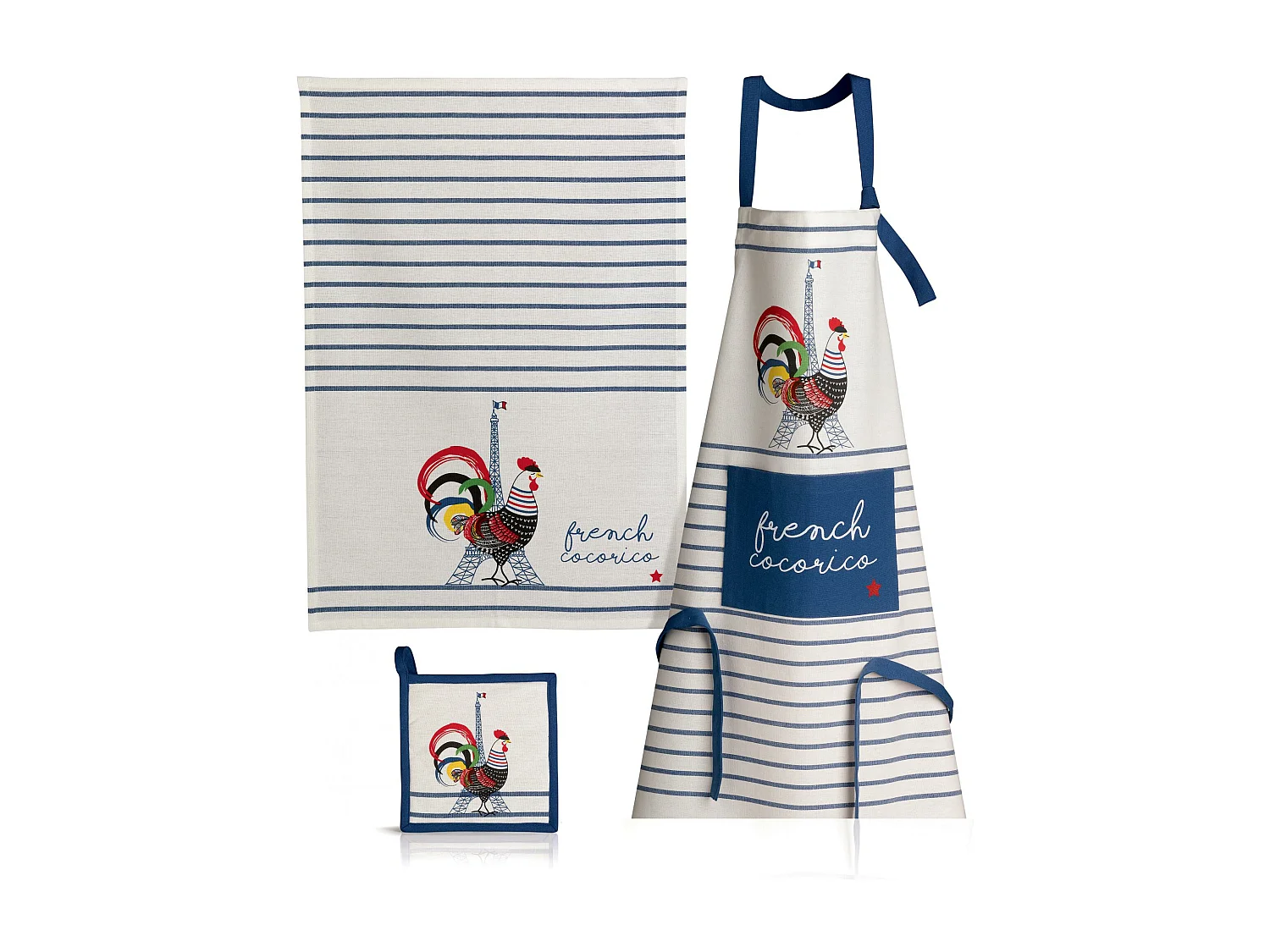 Torchon recyclé French Cocorico ecru/bleu 50 x 70 cm Winkler