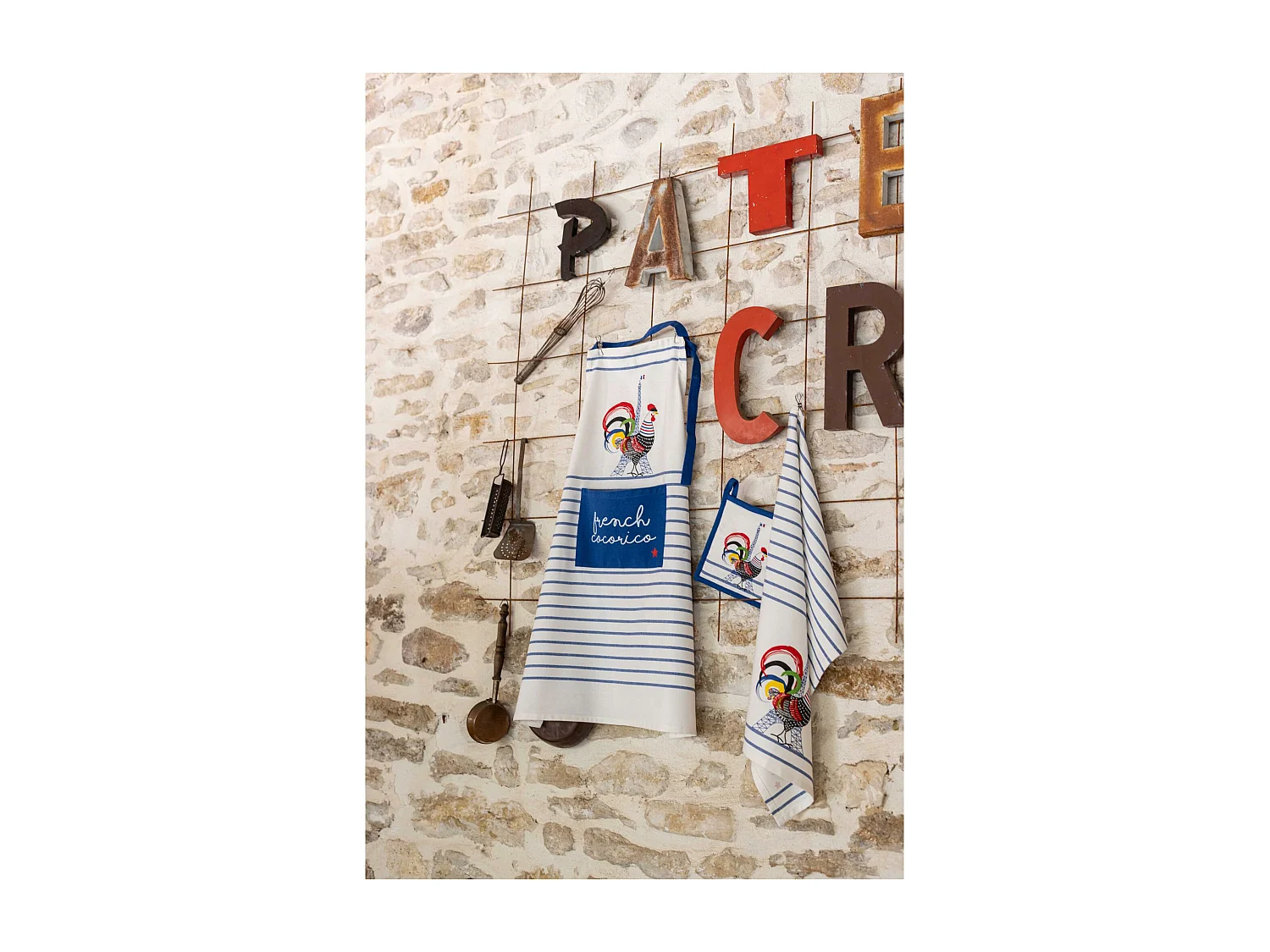 Torchon recyclé French Cocorico ecru/bleu 50 x 70 cm Winkler