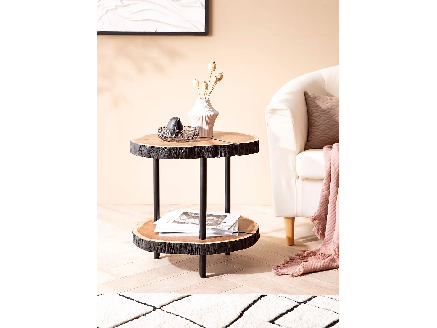 Table d'appoint Bois Massif Métal 45x45x50cm Petite Table de Salon Ronde