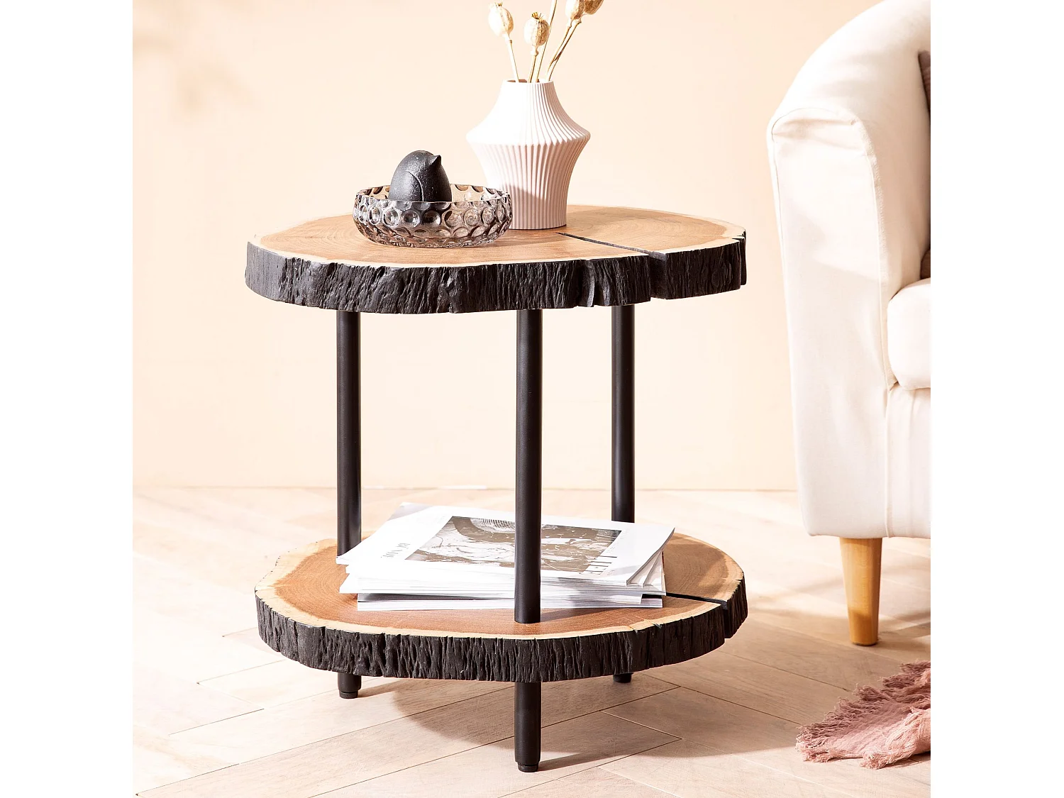 Table d'appoint Bois Massif Métal 45x45x50cm Petite Table de Salon Ronde