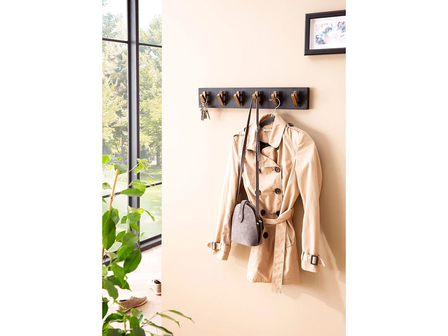 Porte Manteau Mural 6 Crochets Bois Massif Metal 60 cm Murale Couloir