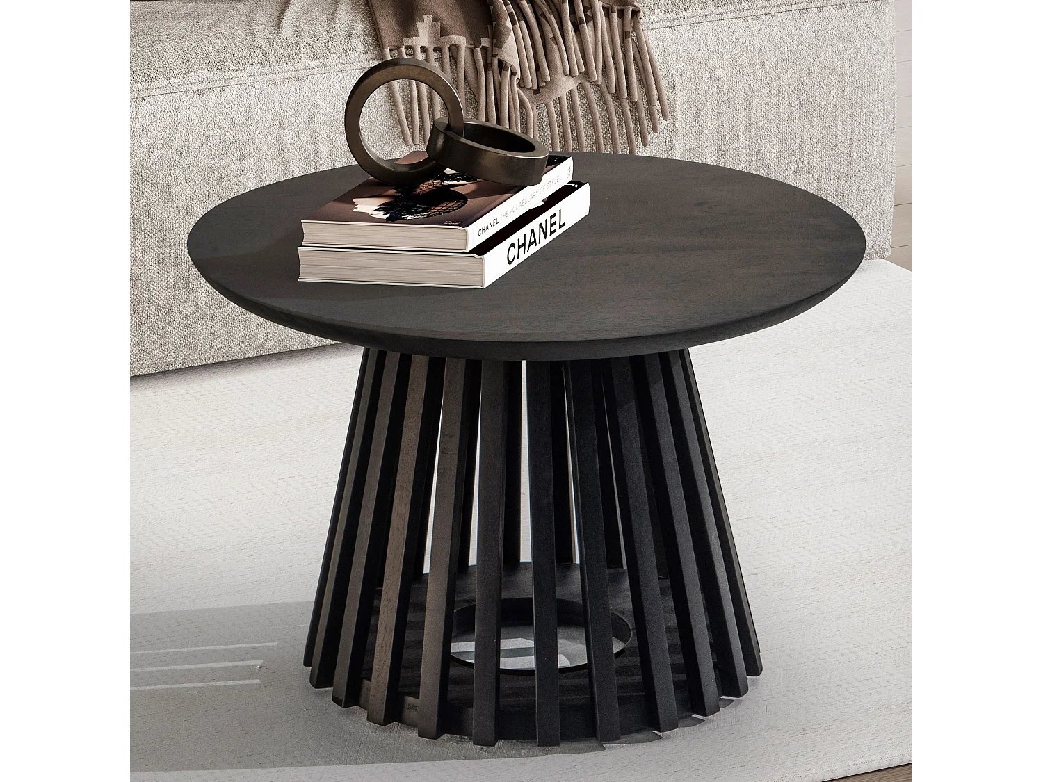 Table Basse Ronde Bois Massif Noir 60x60x41 cm Table Salon Moderne