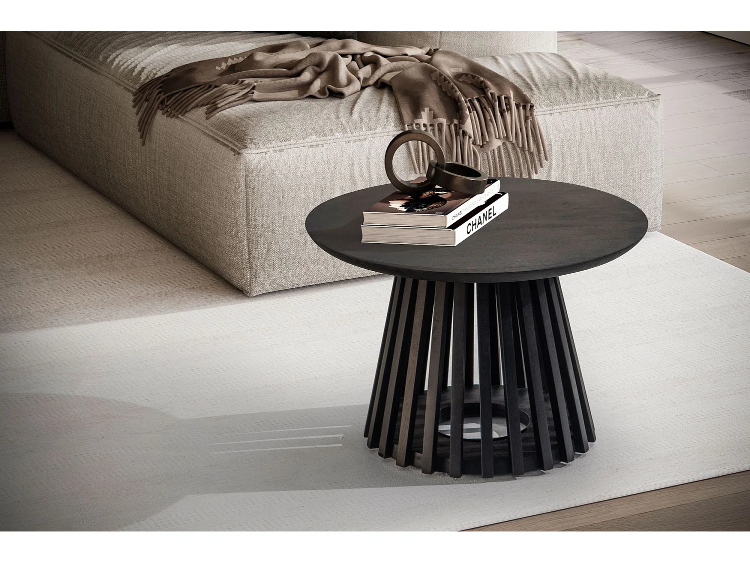 Table Basse Ronde Bois Massif Noir 60x60x41 cm Table Salon Moderne