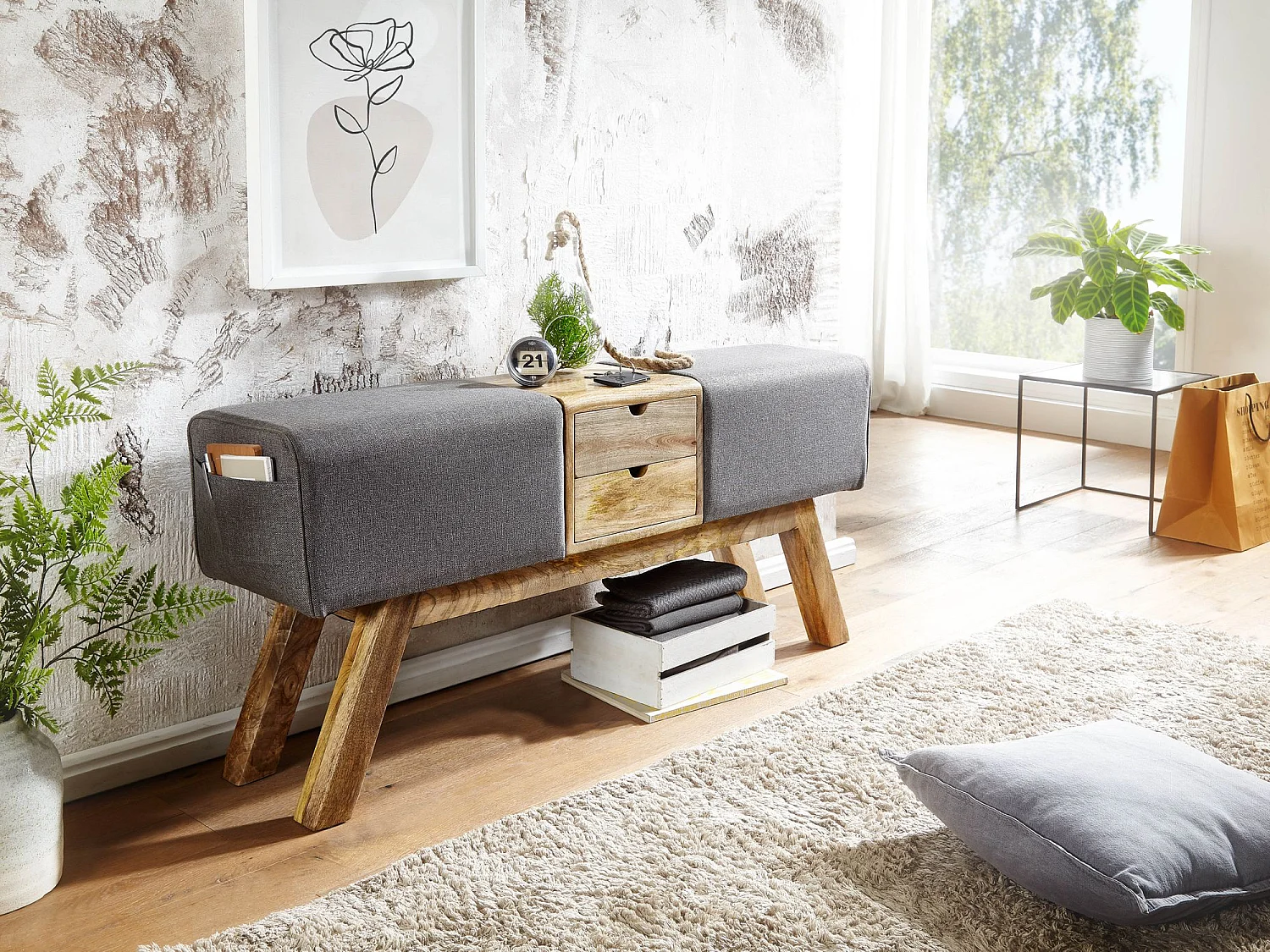 Sitzbank Turnbock Stoff 120 cm Grau Springbock Stauraum Turnhocker Bank