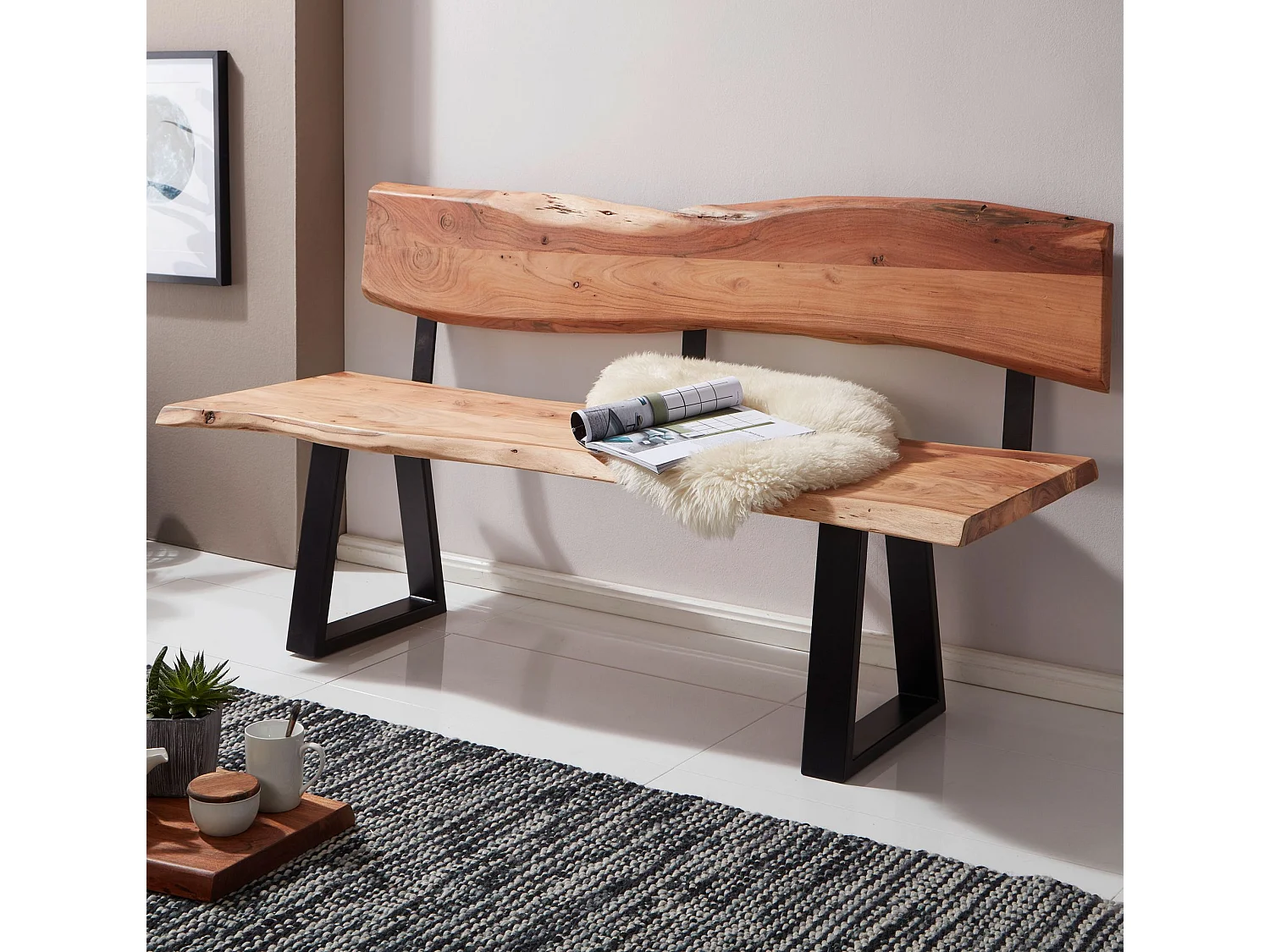 Esszimmerbank 160cm Essbank mit Lehne Baumkante Sitzbank Bank Holz