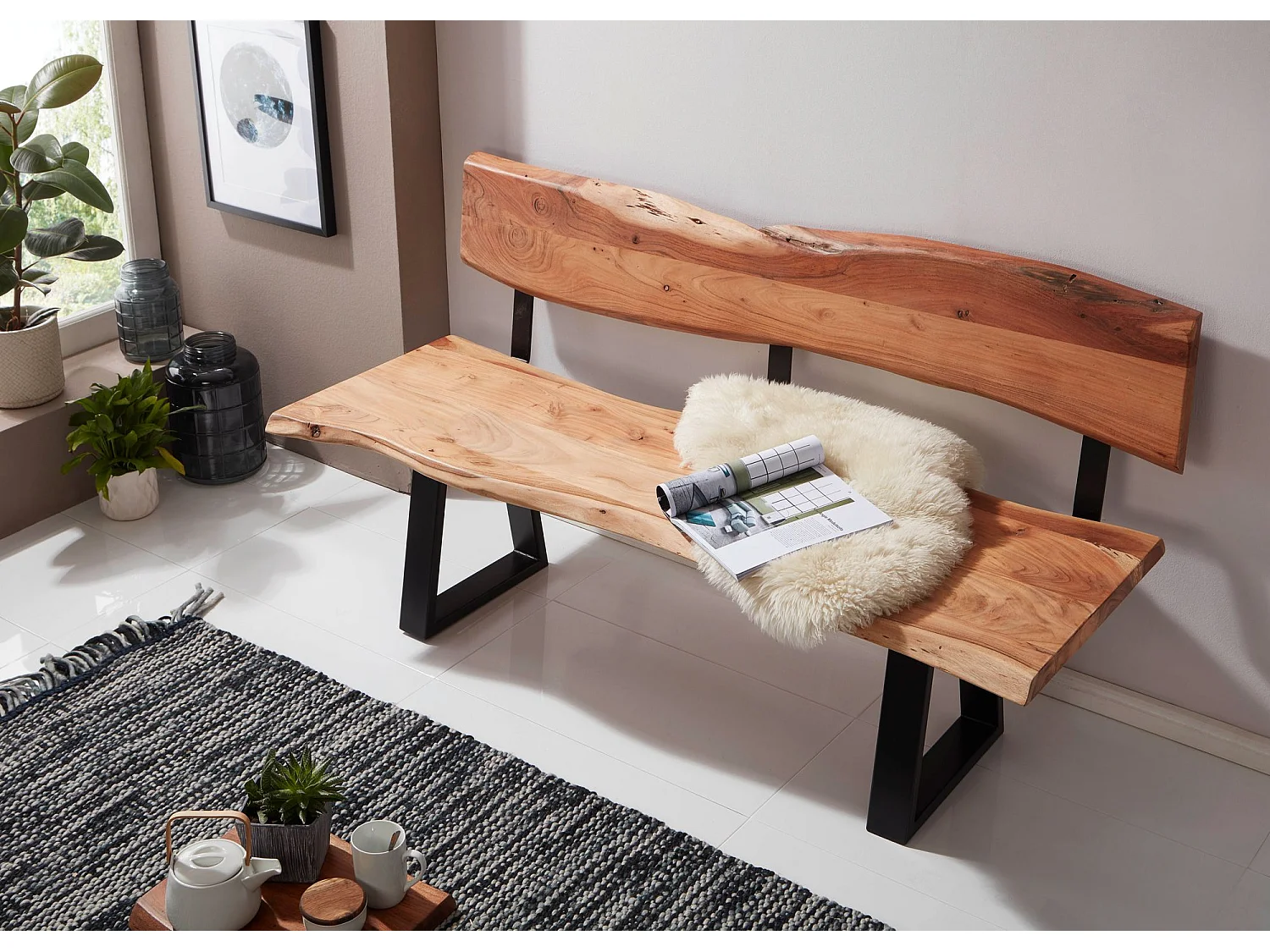 Esszimmerbank 160cm Essbank mit Lehne Baumkante Sitzbank Bank Holz