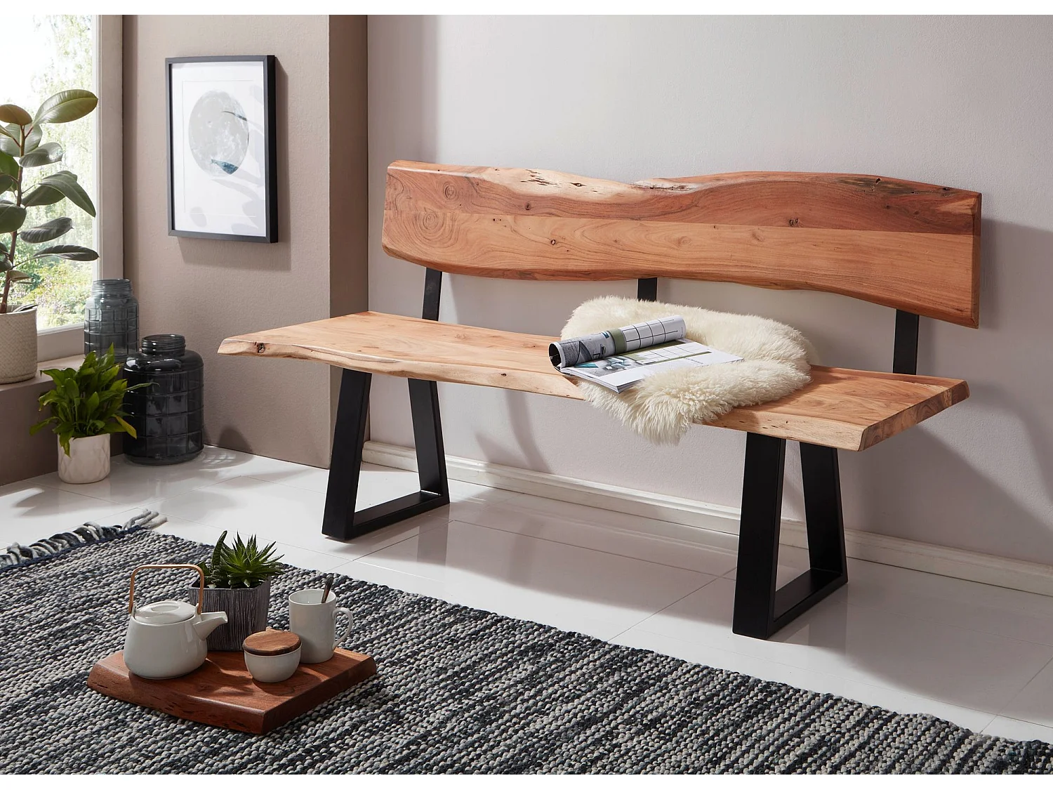 Esszimmerbank 160cm Essbank mit Lehne Baumkante Sitzbank Bank Holz