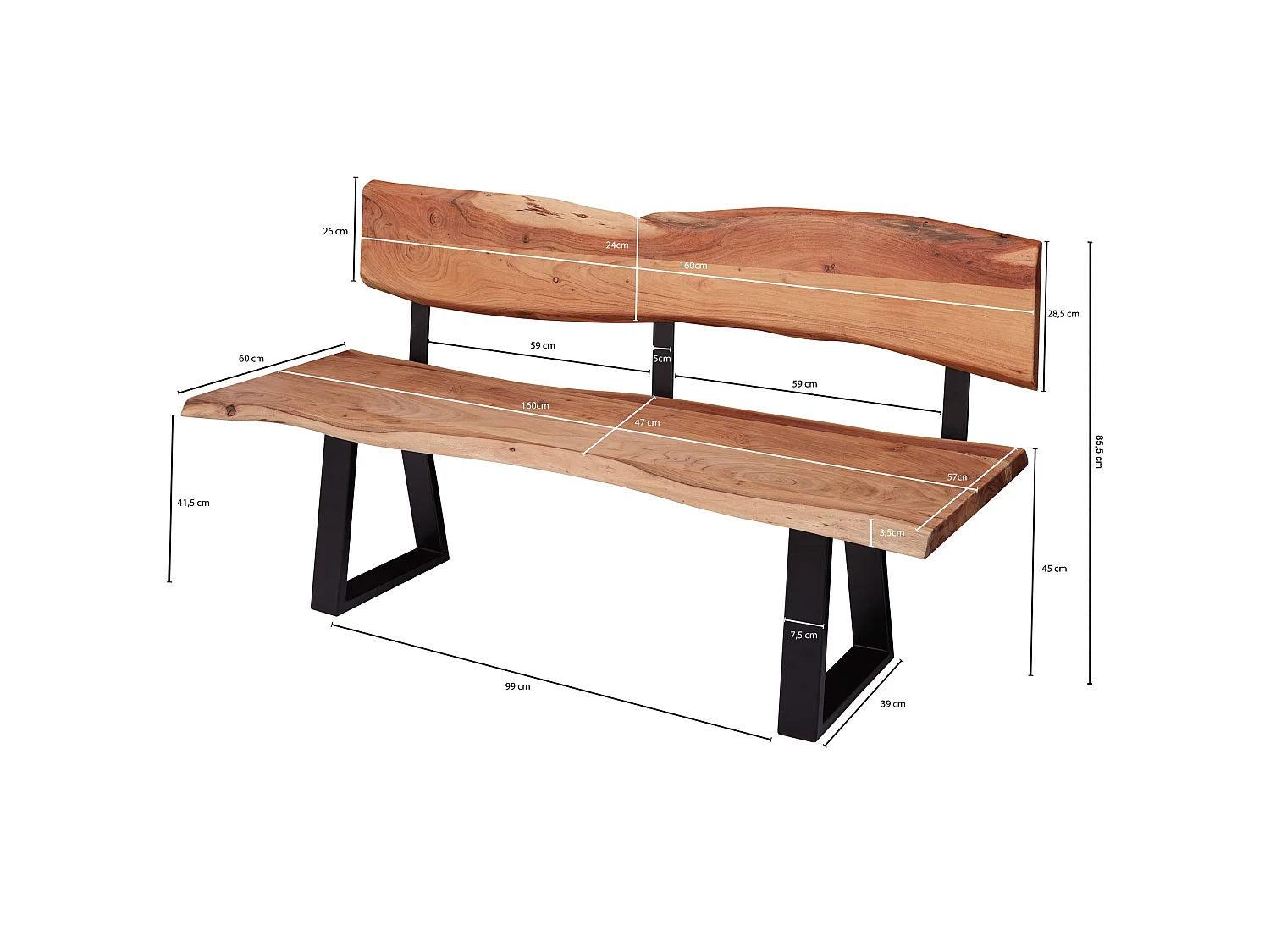 Esszimmerbank 160cm Essbank mit Lehne Baumkante Sitzbank Bank Holz