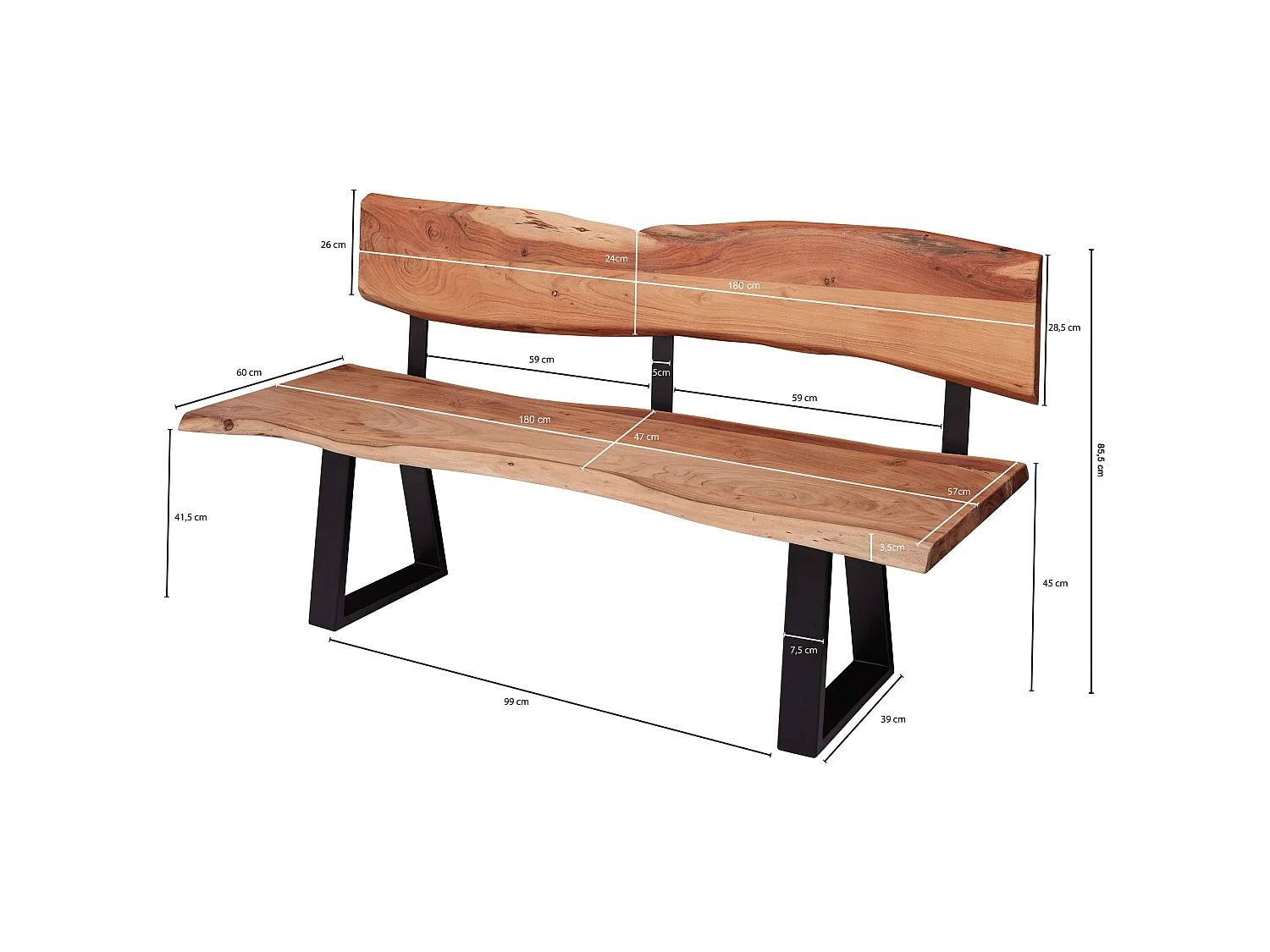 Esszimmerbank TREE 180cm Essbank mit Lehne Baumkante Sitzbank Bank Holz