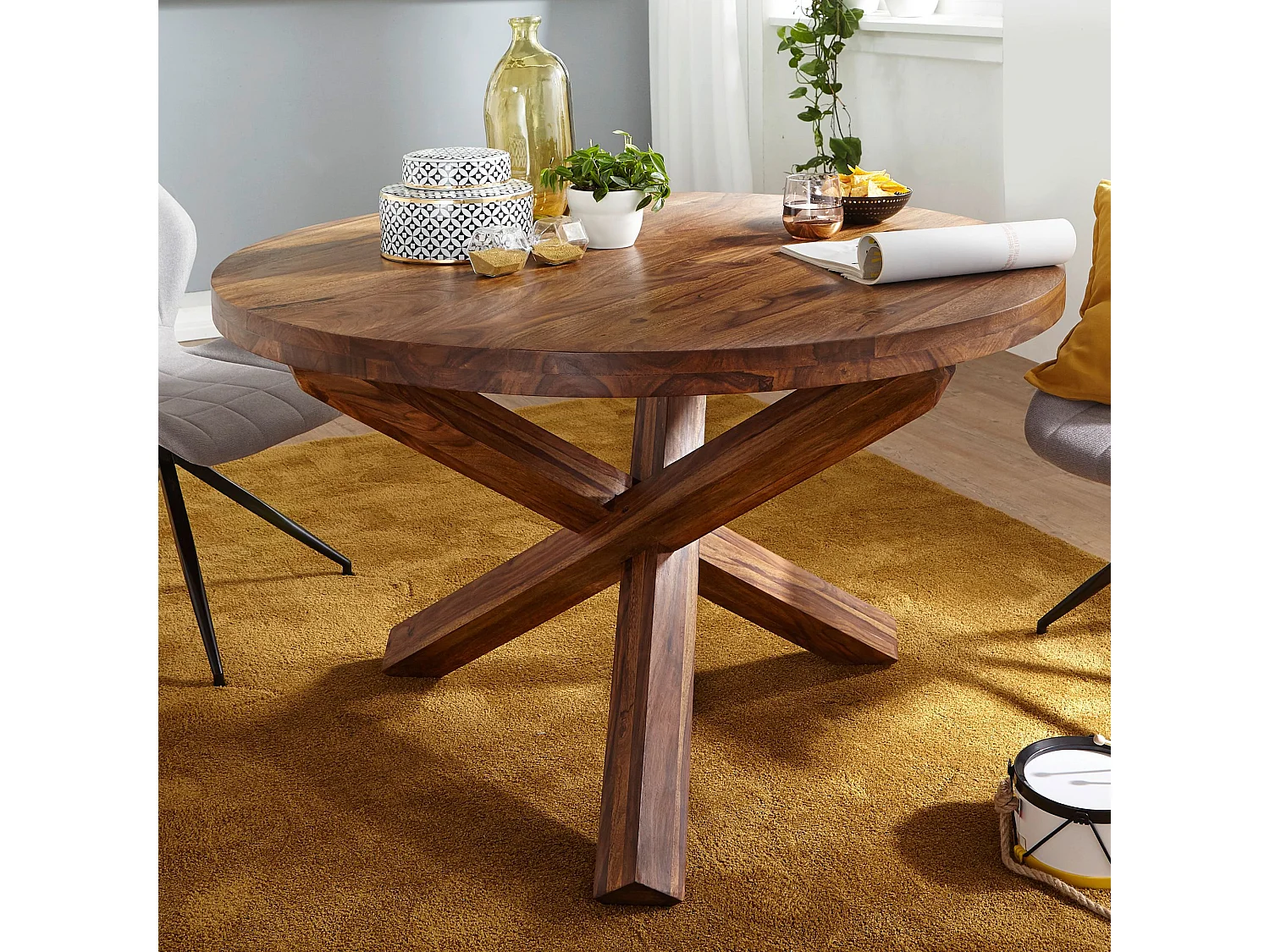 Esszimmertisch rund Ø 120 cm Sheesham Massiv-Holz Esstisch Küchentisch