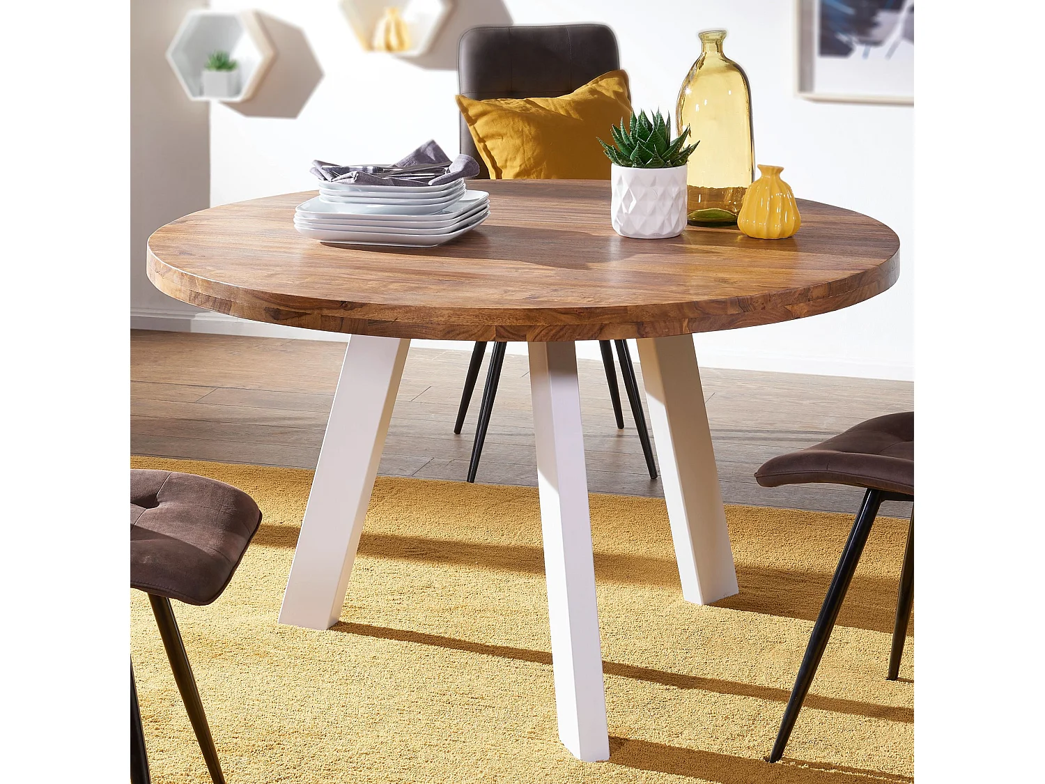 Table de Salle à Manger Cuisine 130 cm Bois Massif Petite Ronde Moderne