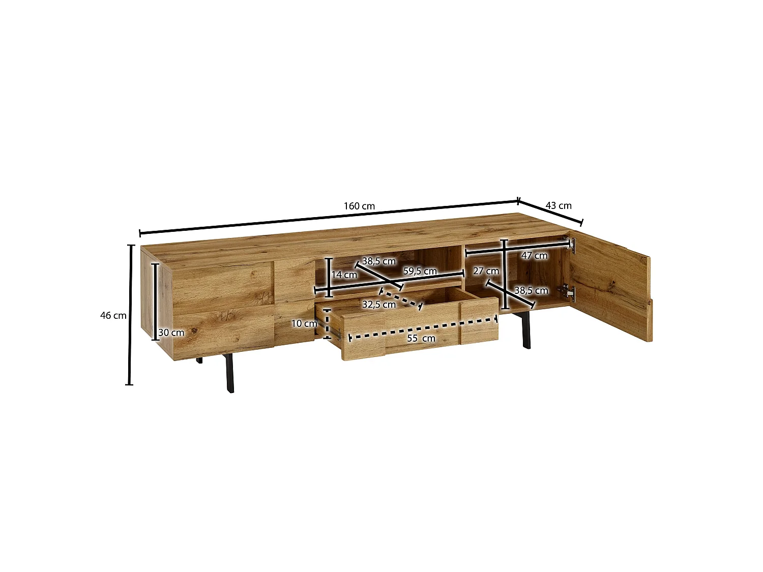 TV Schrank  Lowboard 160x46x43 cm Holz Fernsehkommode Fernsehschrank