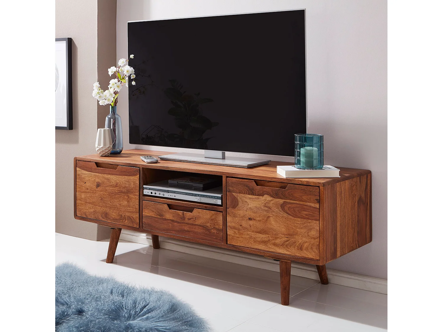 Meuble TV 135 cm Lowboard Tiroir Commode TV Bois Massif avec Portes