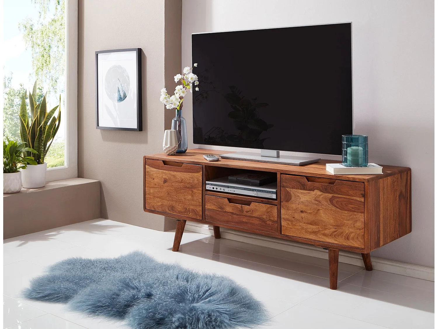 Meuble TV 135 cm Lowboard Tiroir Commode TV Bois Massif avec Portes