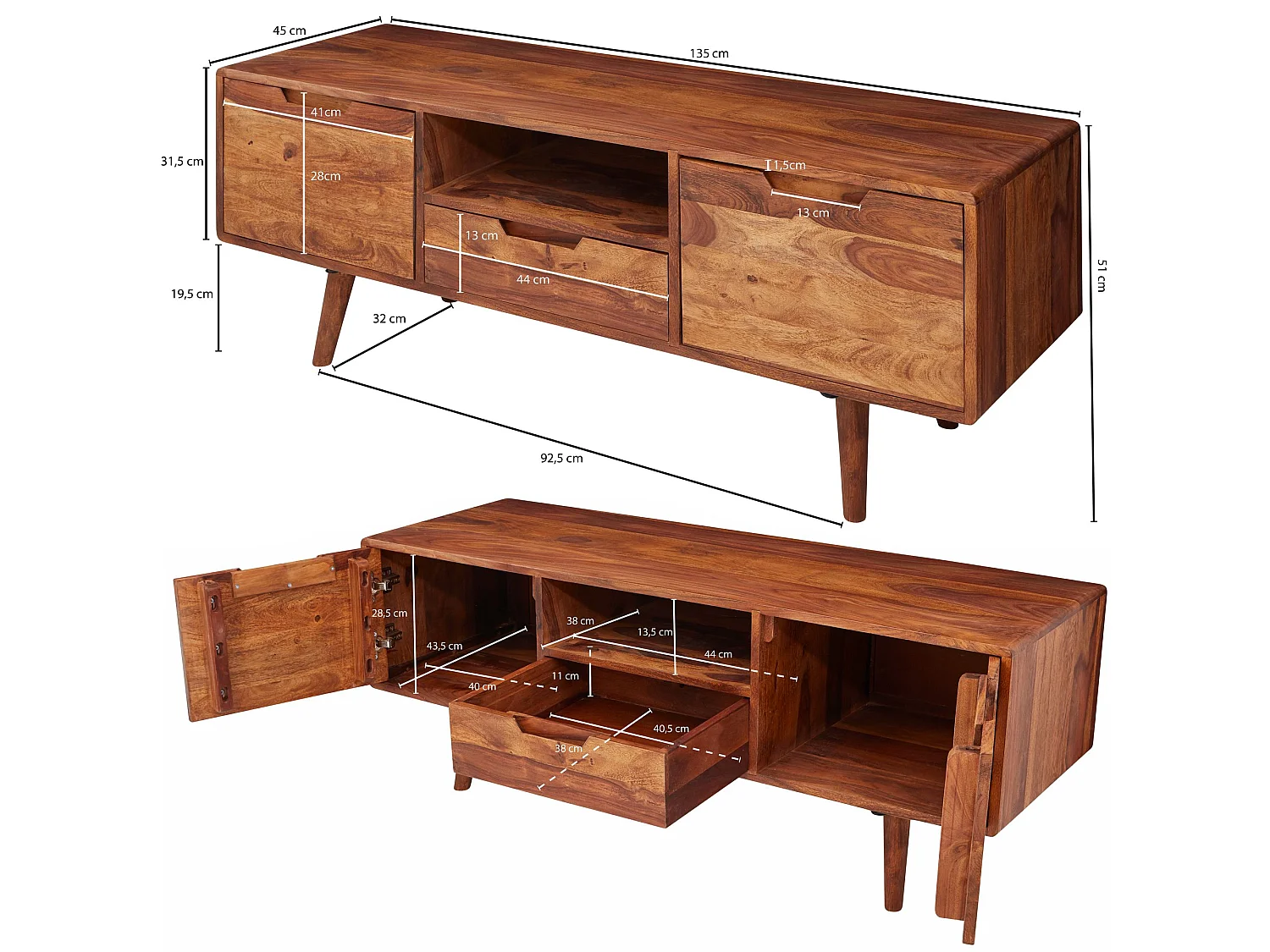 Meuble TV 135 cm Lowboard Tiroir Commode TV Bois Massif avec Portes