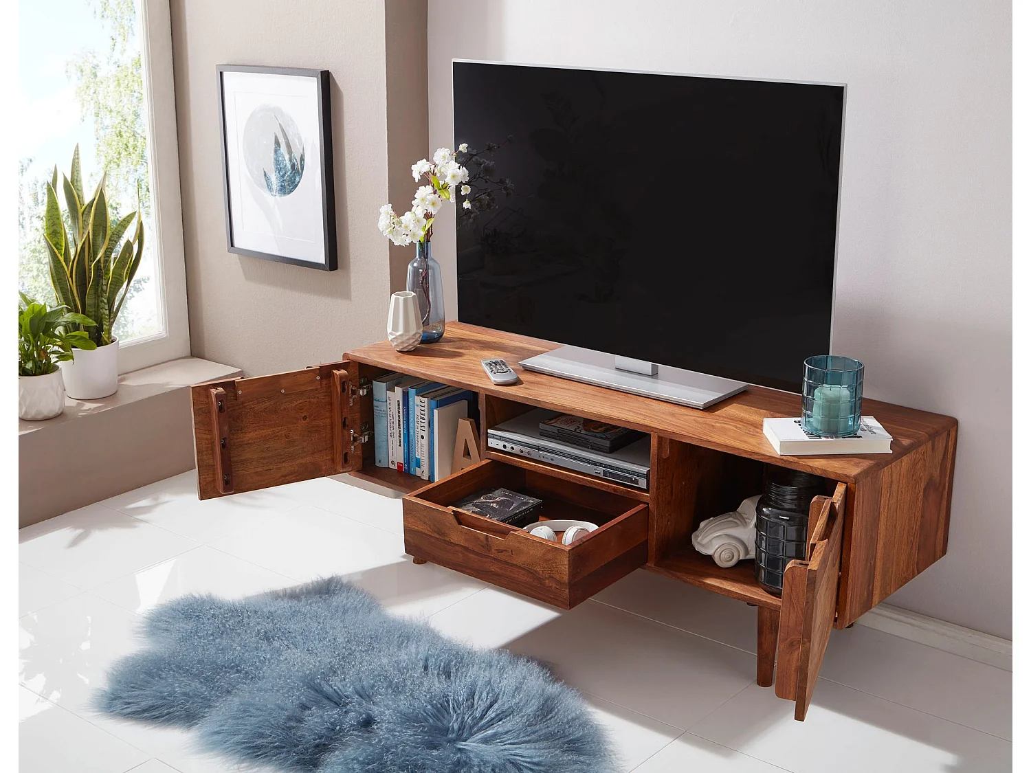 Meuble TV 135 cm Lowboard Tiroir Commode TV Bois Massif avec Portes