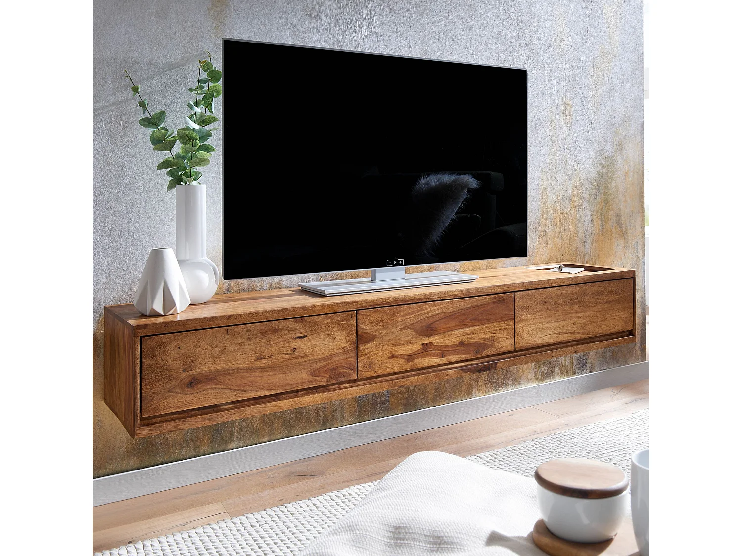 Meuble TV Suspendu 160cm Lowboard Bois Massif Sheesham Commode TV Mural