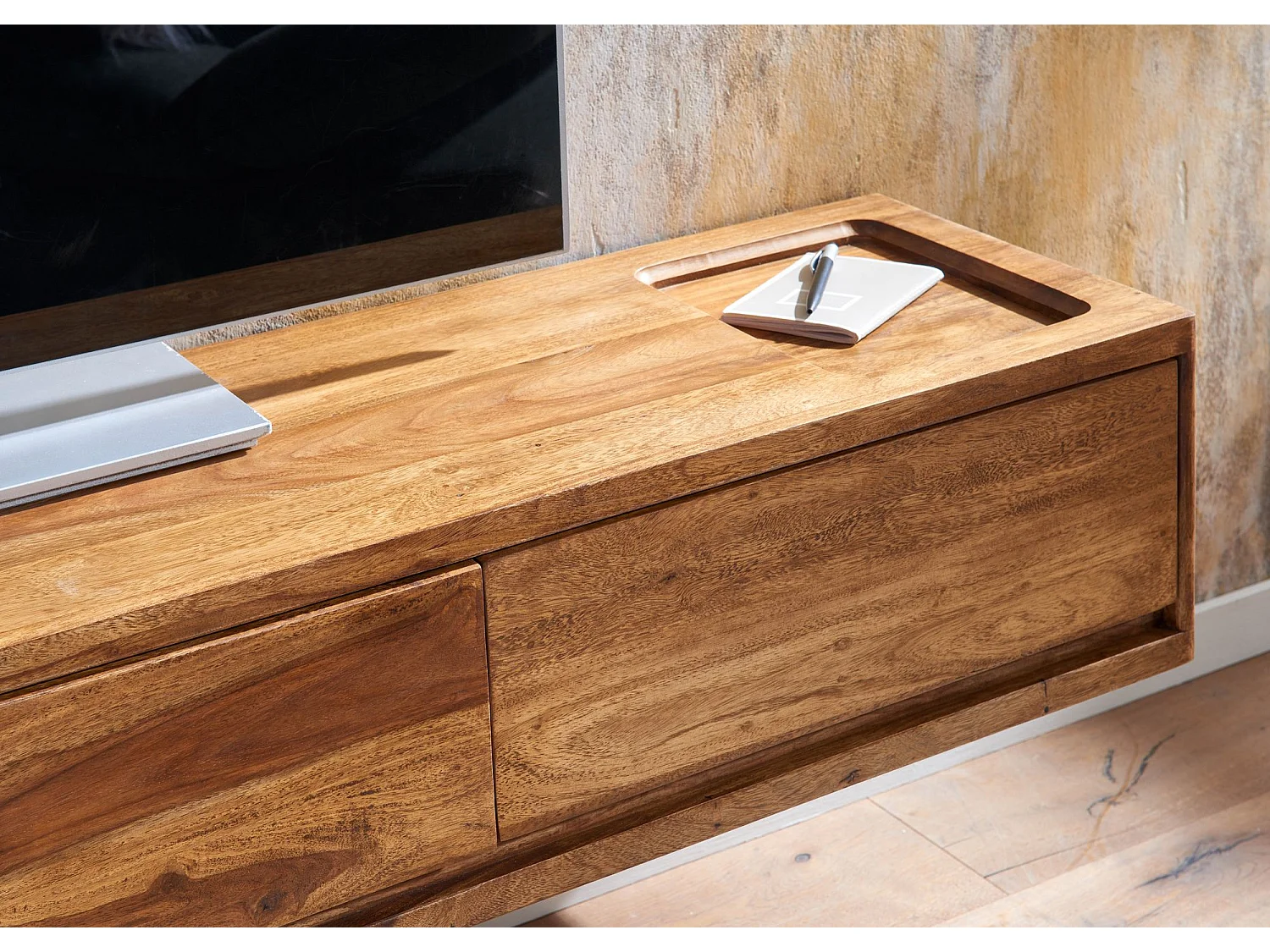 Meuble TV Suspendu 160cm Lowboard Bois Massif Sheesham Commode TV Mural