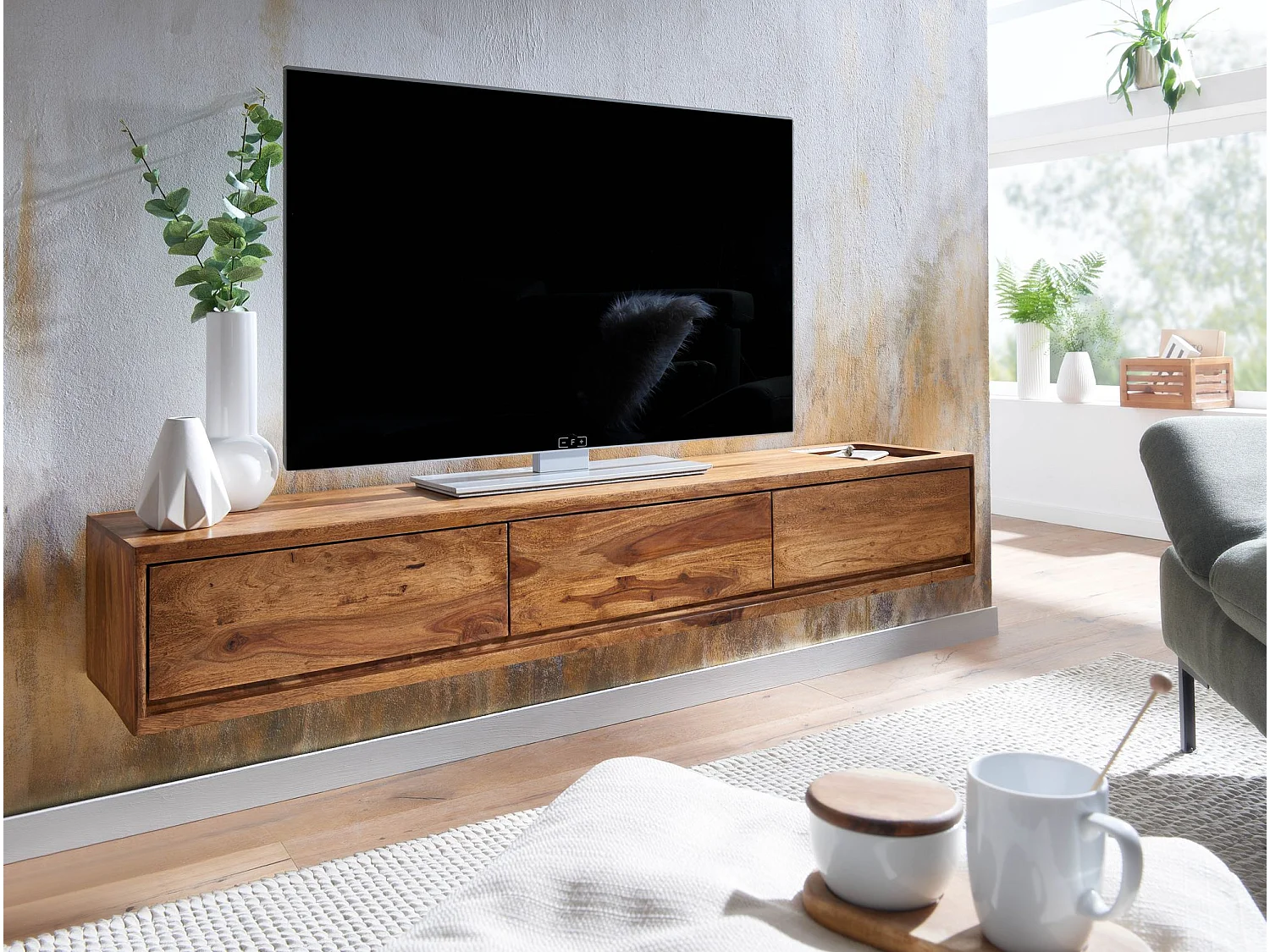 Meuble TV Suspendu 160cm Lowboard Bois Massif Sheesham Commode TV Mural