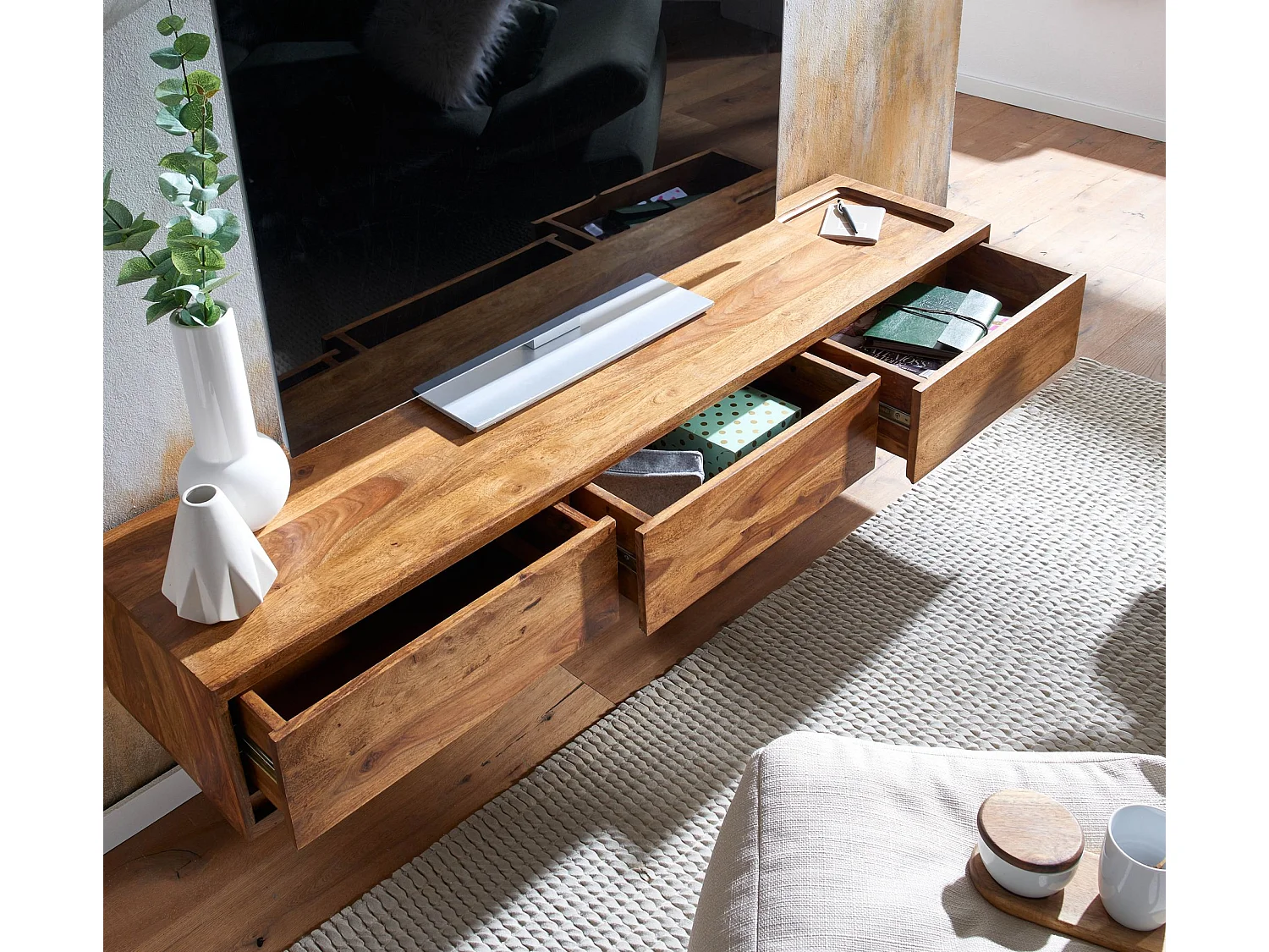 TV Schrank  Lowboard Hängend 160x25x35 cm Holz Massiv Fernsehkommode