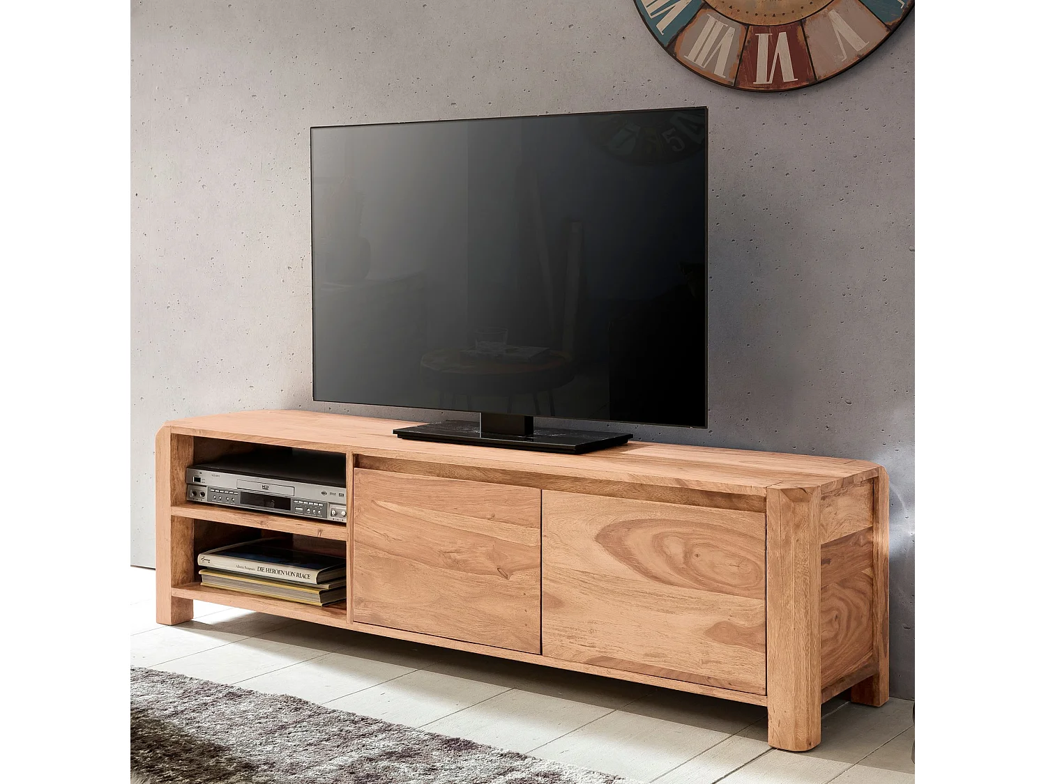 Meuble TV 140 cm Lowboard Tiroir Commode TV Bois Massif avec Portes