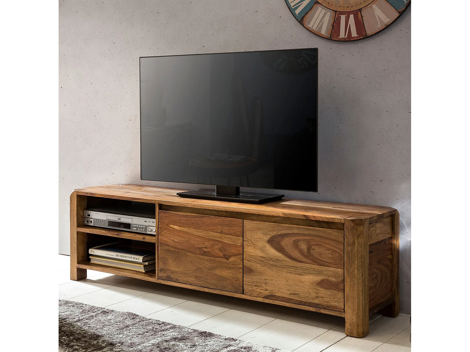 Meuble TV 140 cm Lowboard Tiroir Commode TV Bois Massif avec Portes