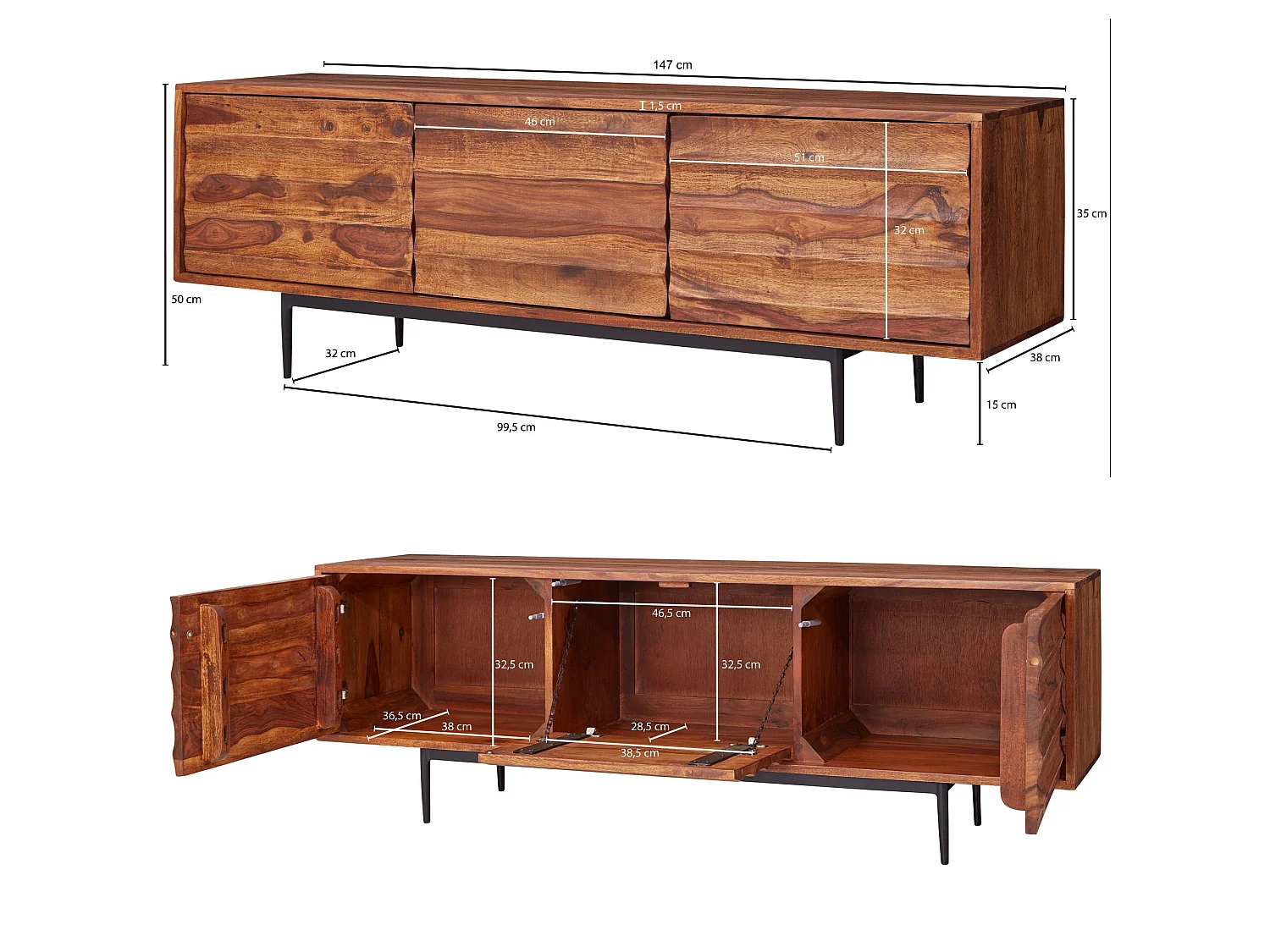 Meuble TV 147 cm Lowboard Rangements Commode TV Bois Massif avec Portes