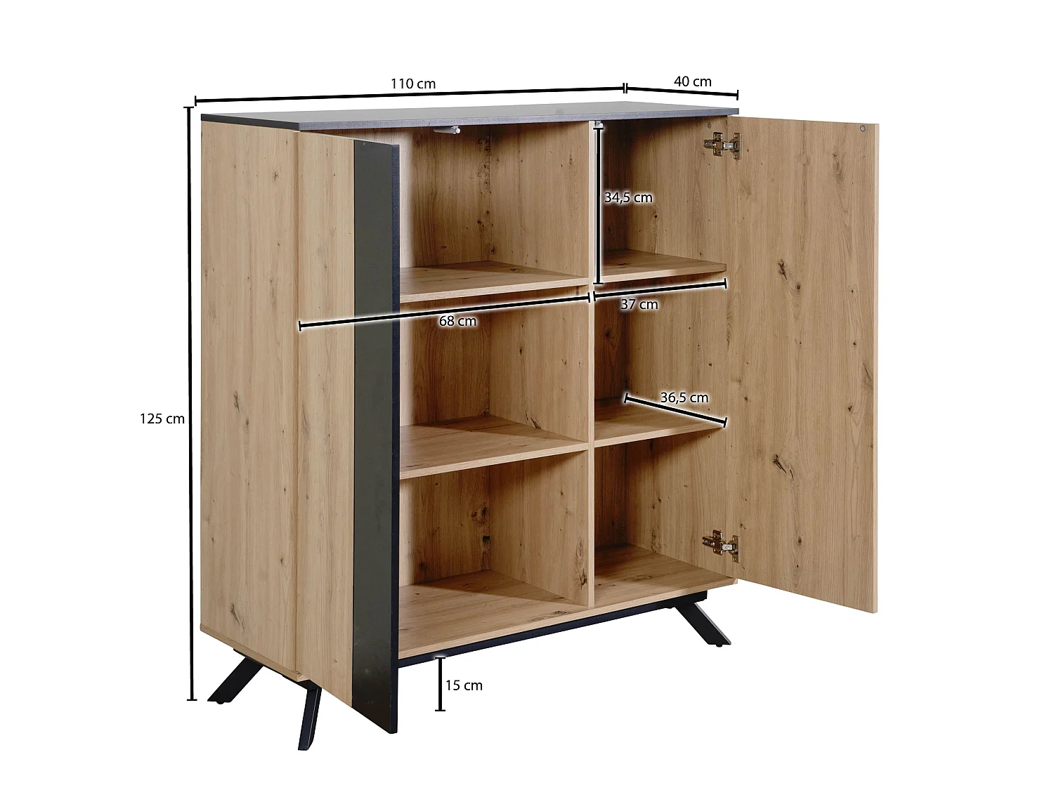 Highboard Sideboard 110x125x40 cm MDF Eiche Dekor Kommode Anrichte