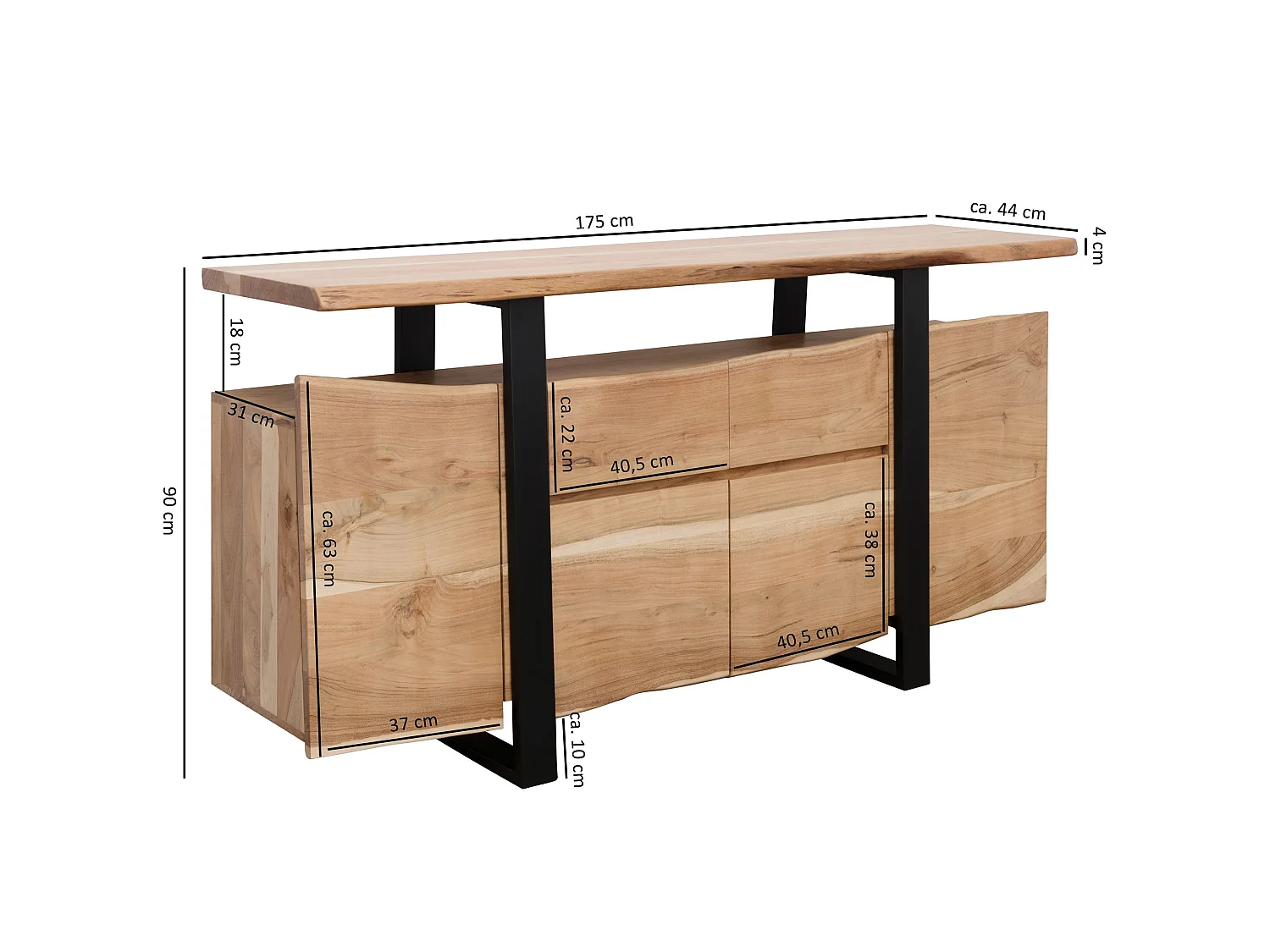 Sideboard Akazie Baumkante Kommode Massiv Holz 175 cm Highboard Anrichte