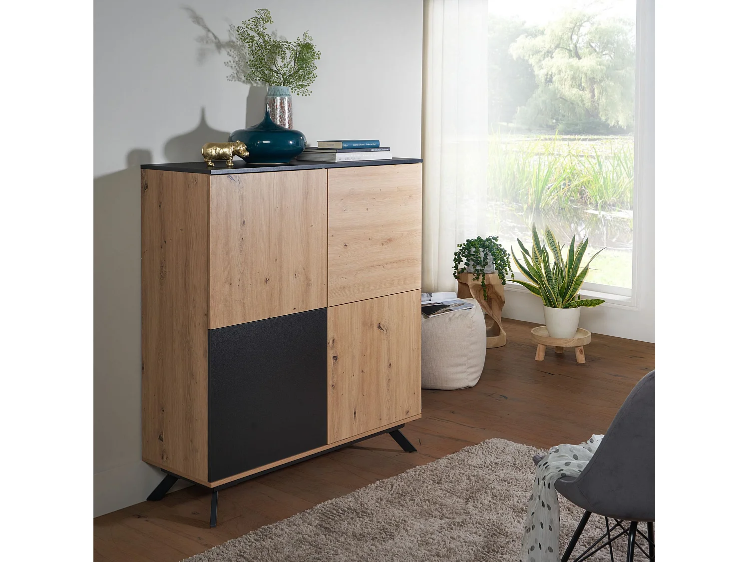 Highboard Sideboard 110x125x40cm MDF Eiche Dekor Kommode Anrichte Modern