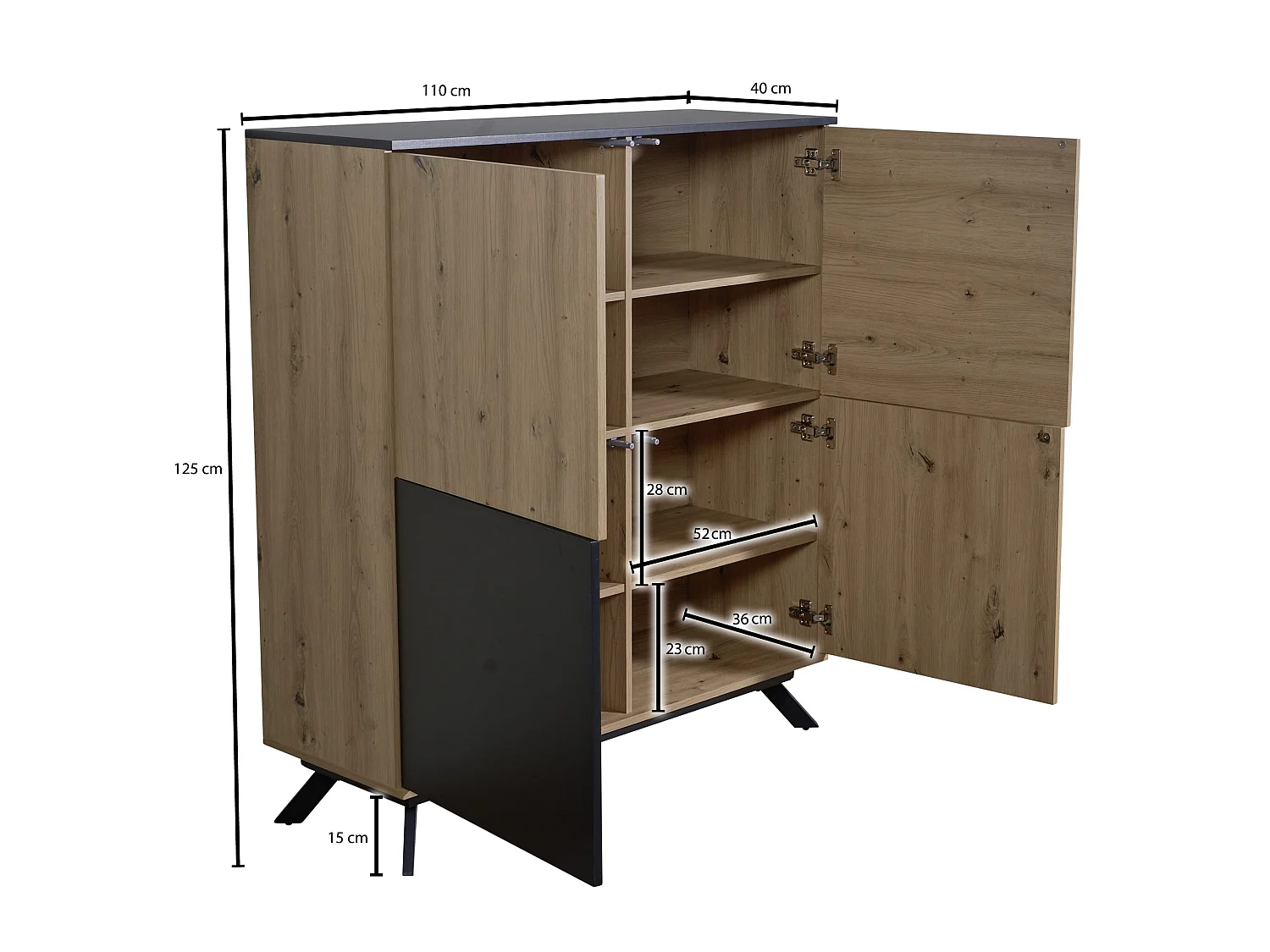Highboard Sideboard 110x125x40cm MDF Eiche Dekor Kommode Anrichte Modern