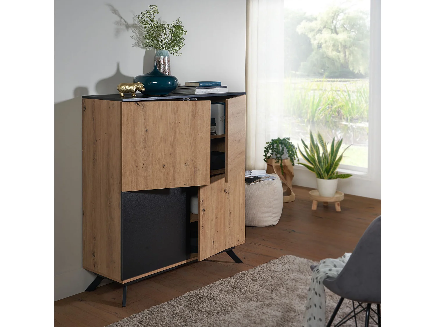 Highboard Sideboard 110x125x40cm MDF Eiche Dekor Kommode Anrichte Modern