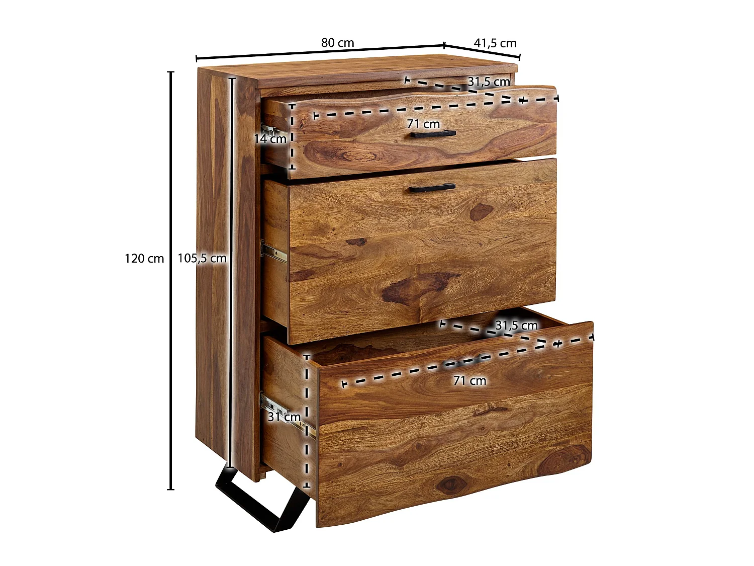 Kommode Highboard 80x120x41,5 cm Holz Massiv Anrichte Schubladenkommode