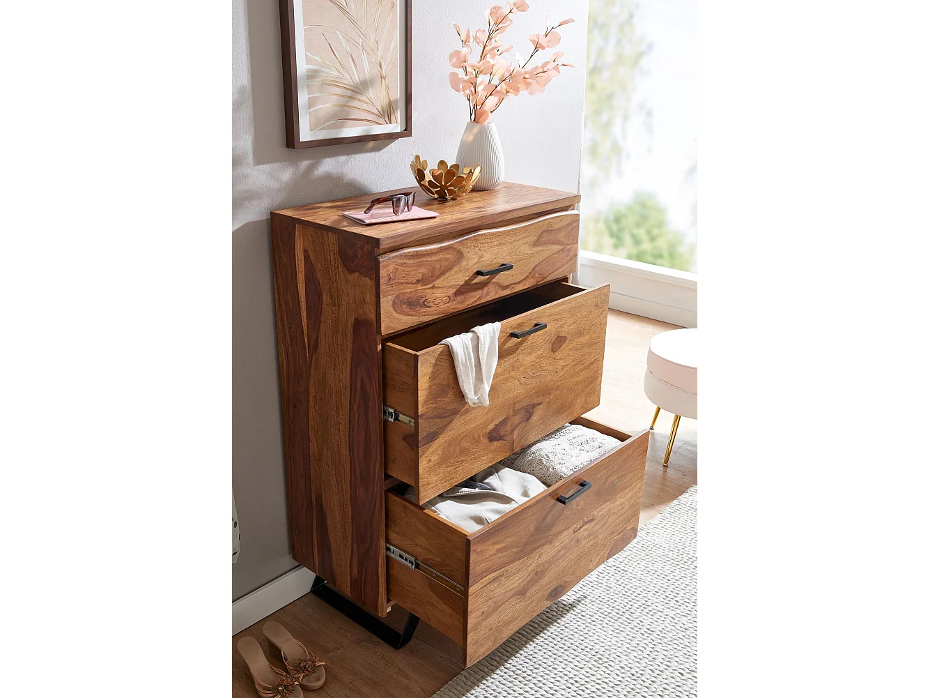 Commode 120 cm Bois Massif Bord Naturel Buffet Tiroirs Armoire Moderne