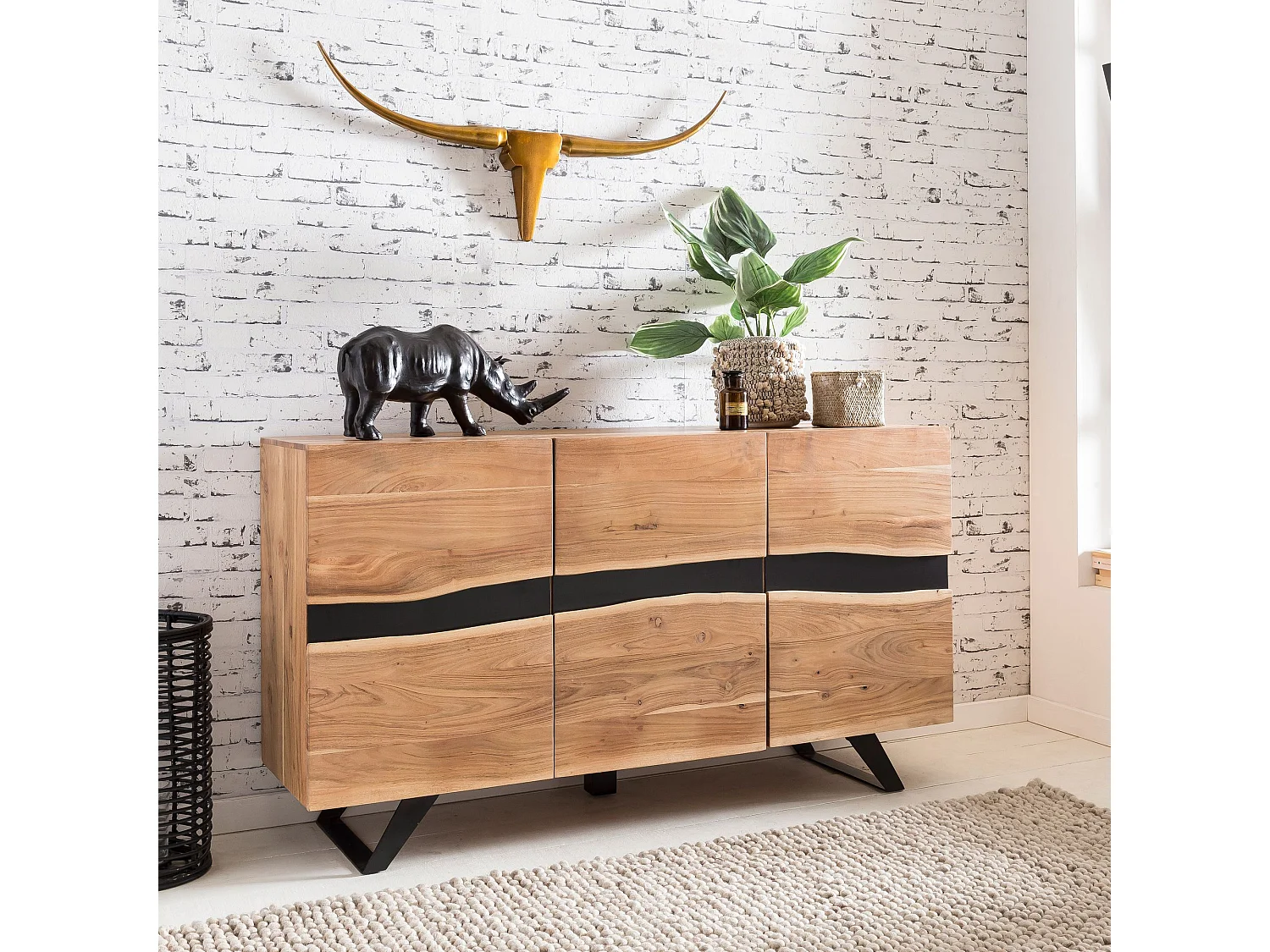 Buffet 148 cm Bois Massif d’Acacia Commode Armoire Portes Bord d'Arbre