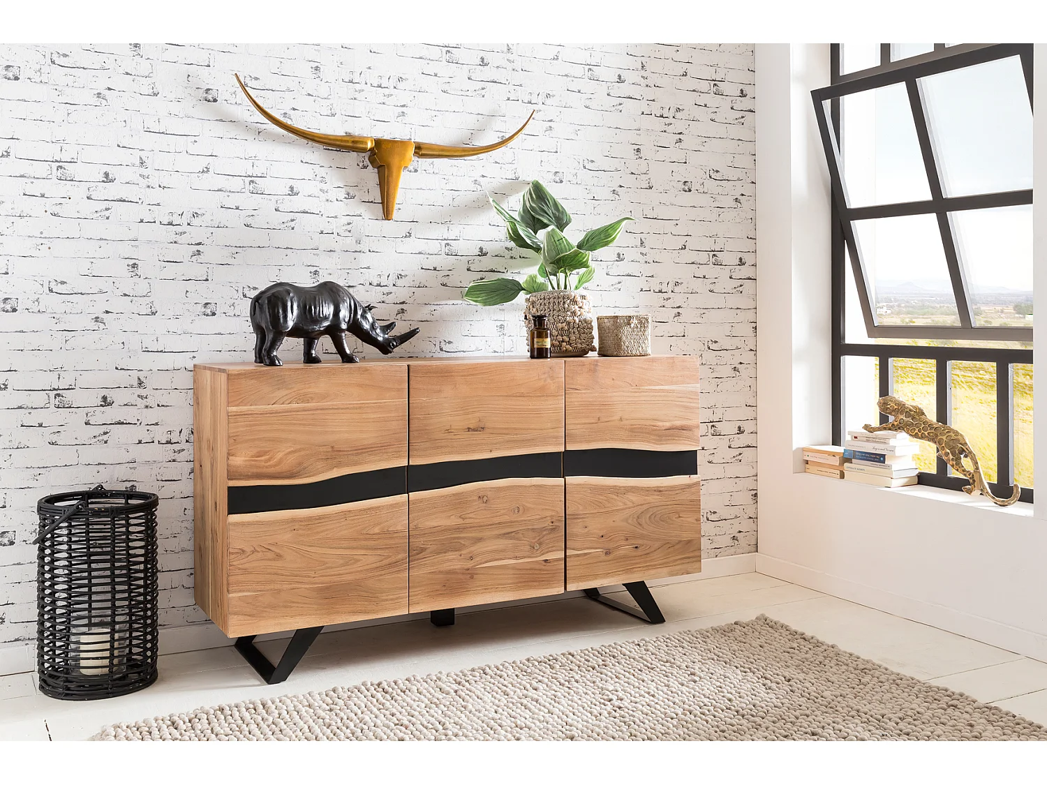 Buffet 148 cm Bois Massif d’Acacia Commode Armoire Portes Bord d'Arbre