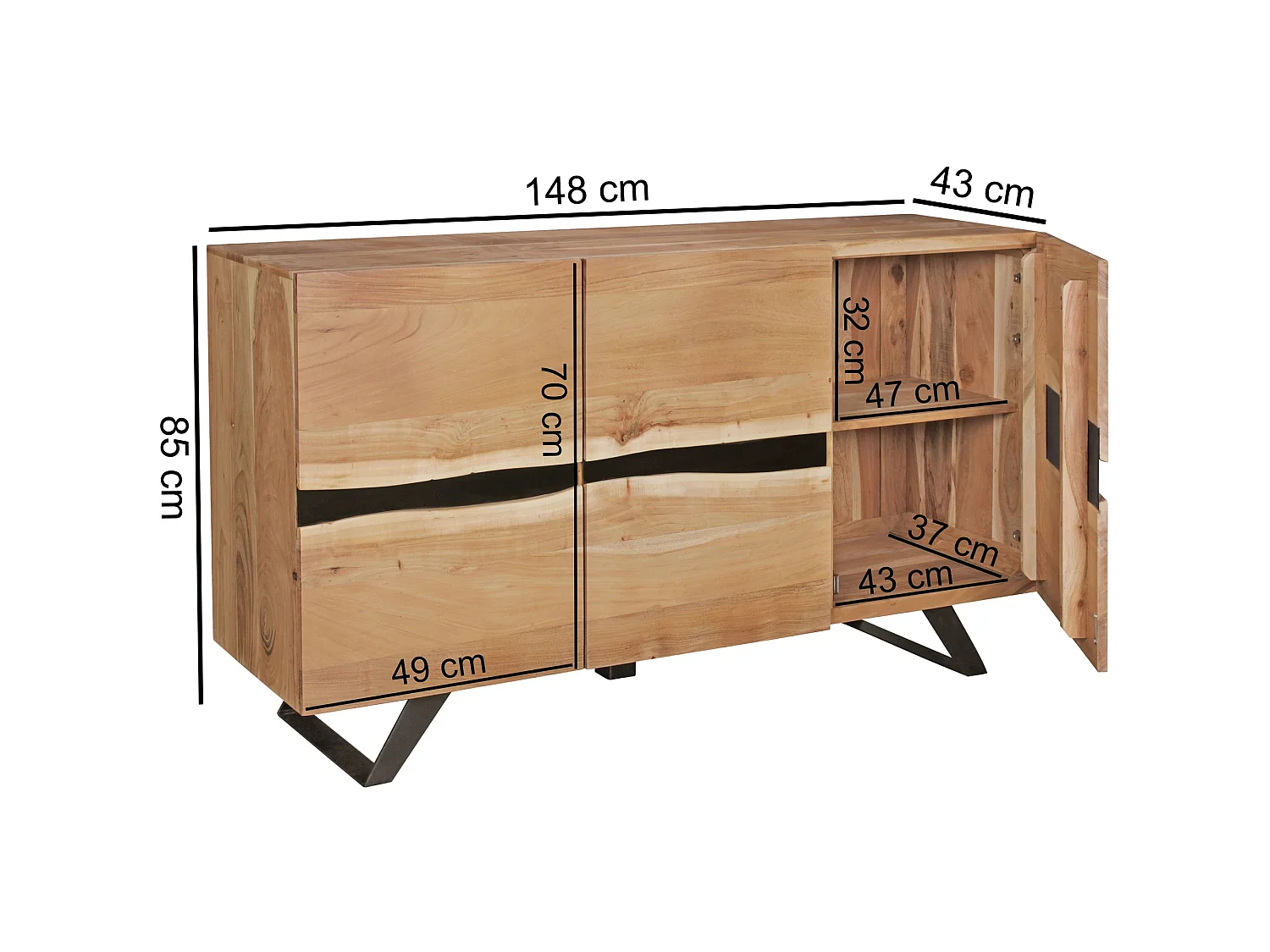 Buffet 148 cm Bois Massif d’Acacia Commode Armoire Portes Bord d'Arbre