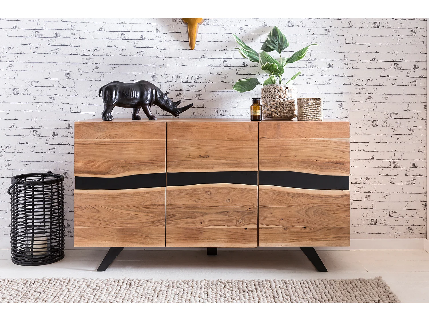 Buffet 148 cm Bois Massif d’Acacia Commode Armoire Portes Bord d'Arbre