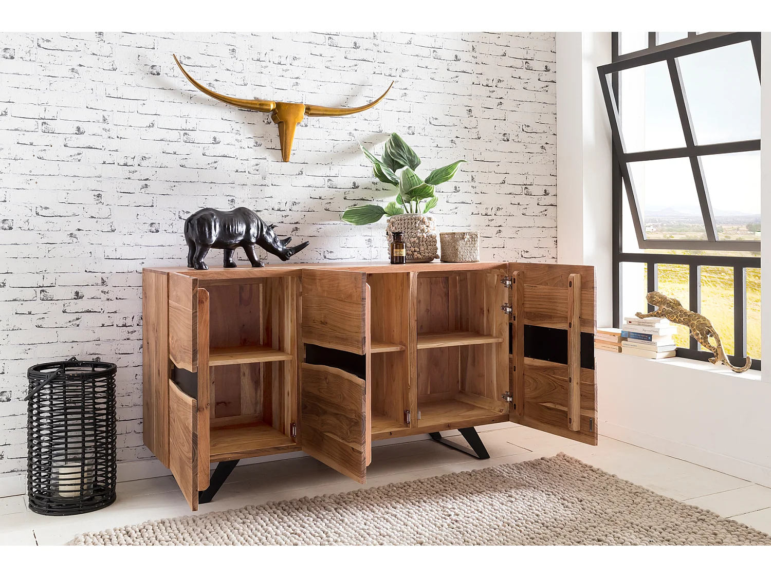 Buffet 148 cm Bois Massif d’Acacia Commode Armoire Portes Bord d'Arbre