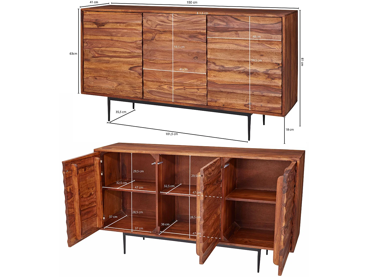 Sideboard Sheesham Landhaus Kommode Holz Massiv Anrichte Standschrank