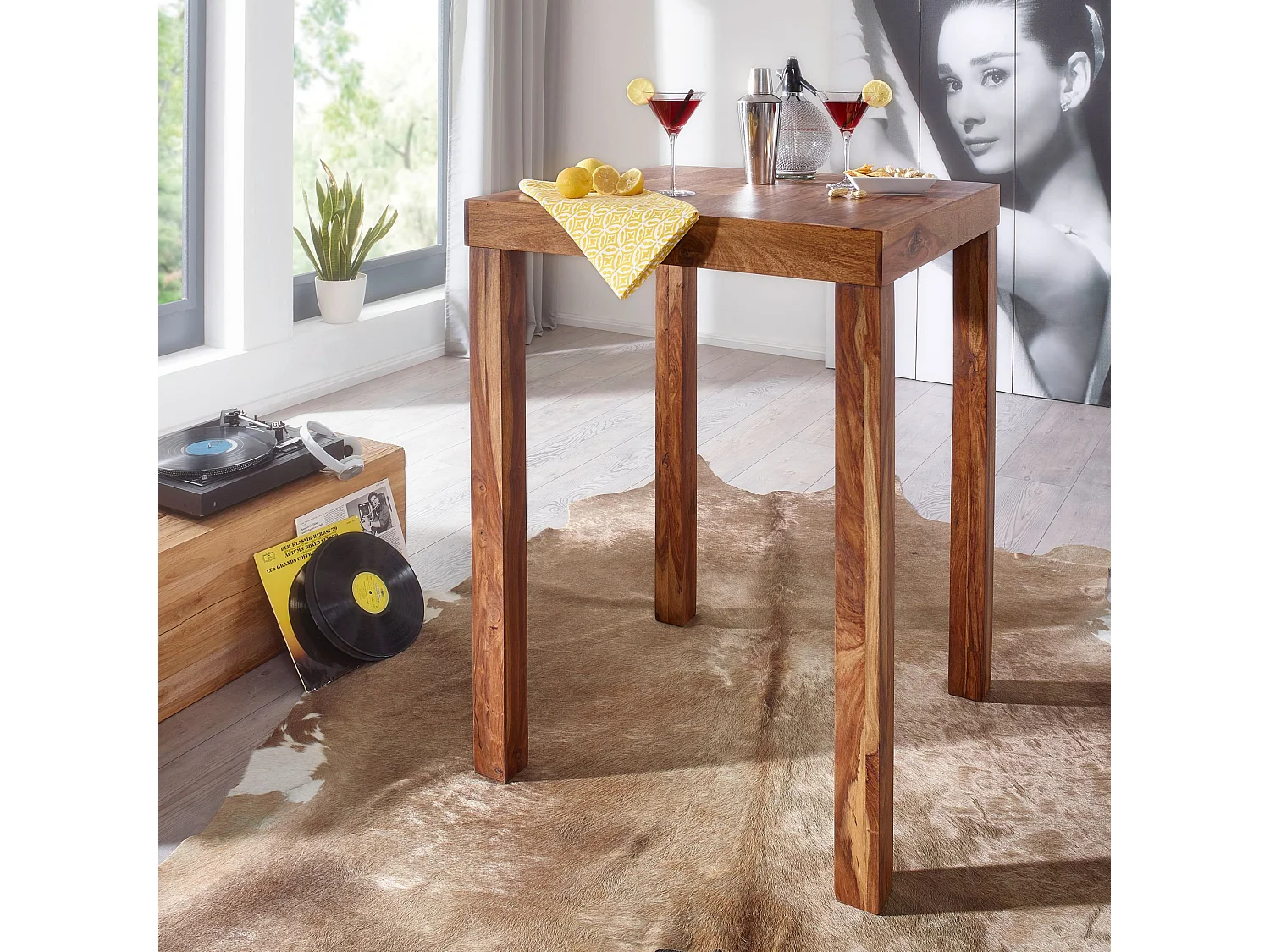 Bartisch Massivholz Sheesham 80x80x110cm Stehtisch Bistrotisch Tisch