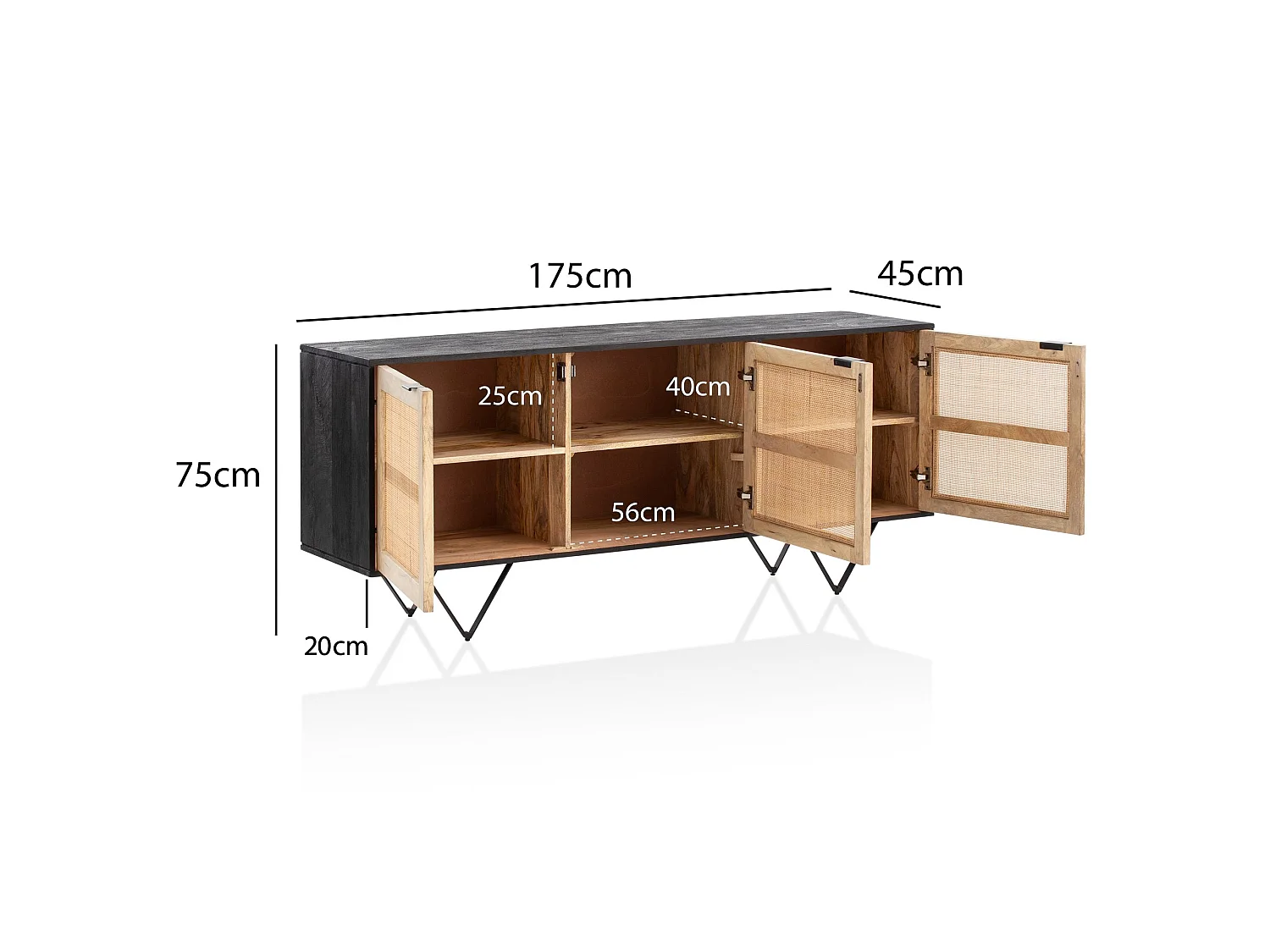 Sideboard  Anrichte 175x75x45 cm Massivholz Rattan Kommodenschrank