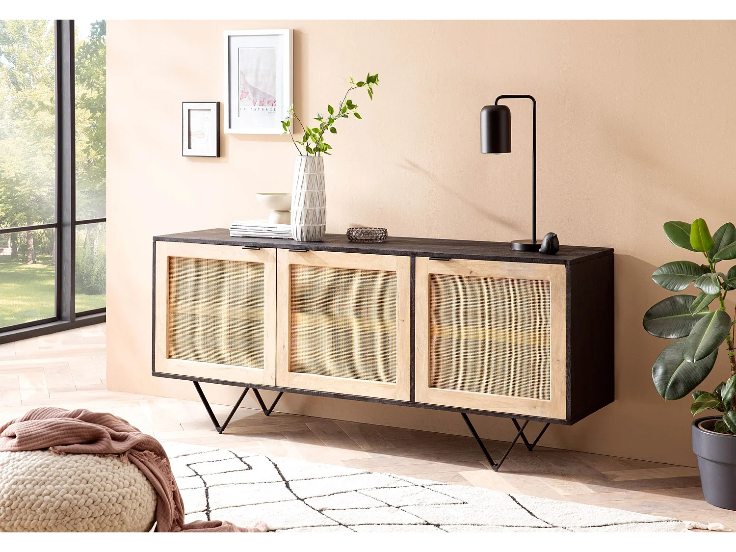 Sideboard  Anrichte 175x75x45 cm Massivholz Rattan Kommodenschrank