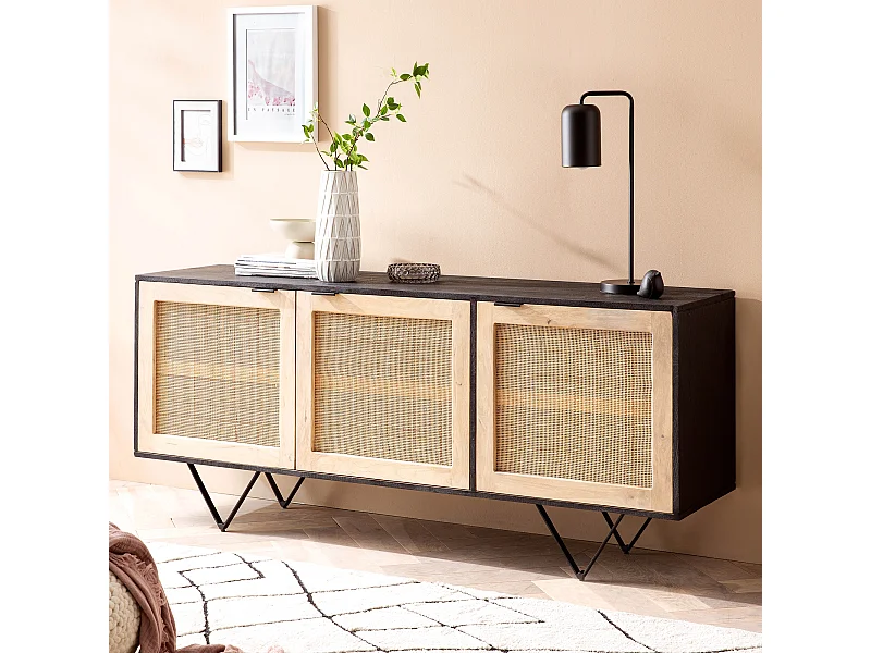 Sideboard  Anrichte 175x75x45 cm Massivholz Rattan Kommodenschrank