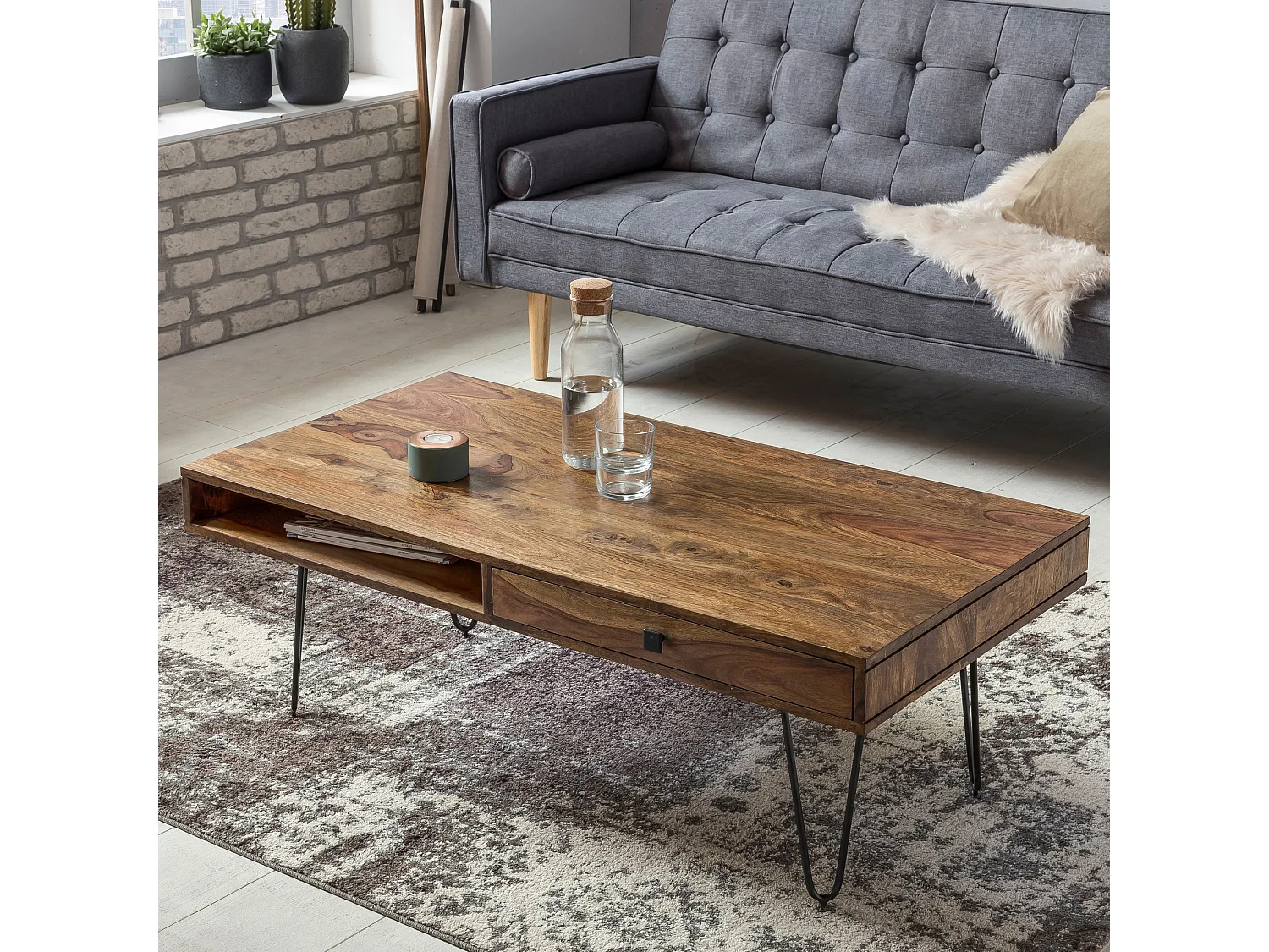 Massiver Couchtisch HARLEM 110 x 60 cm Schublade Wohnzimmertisch Holztisch Tisch