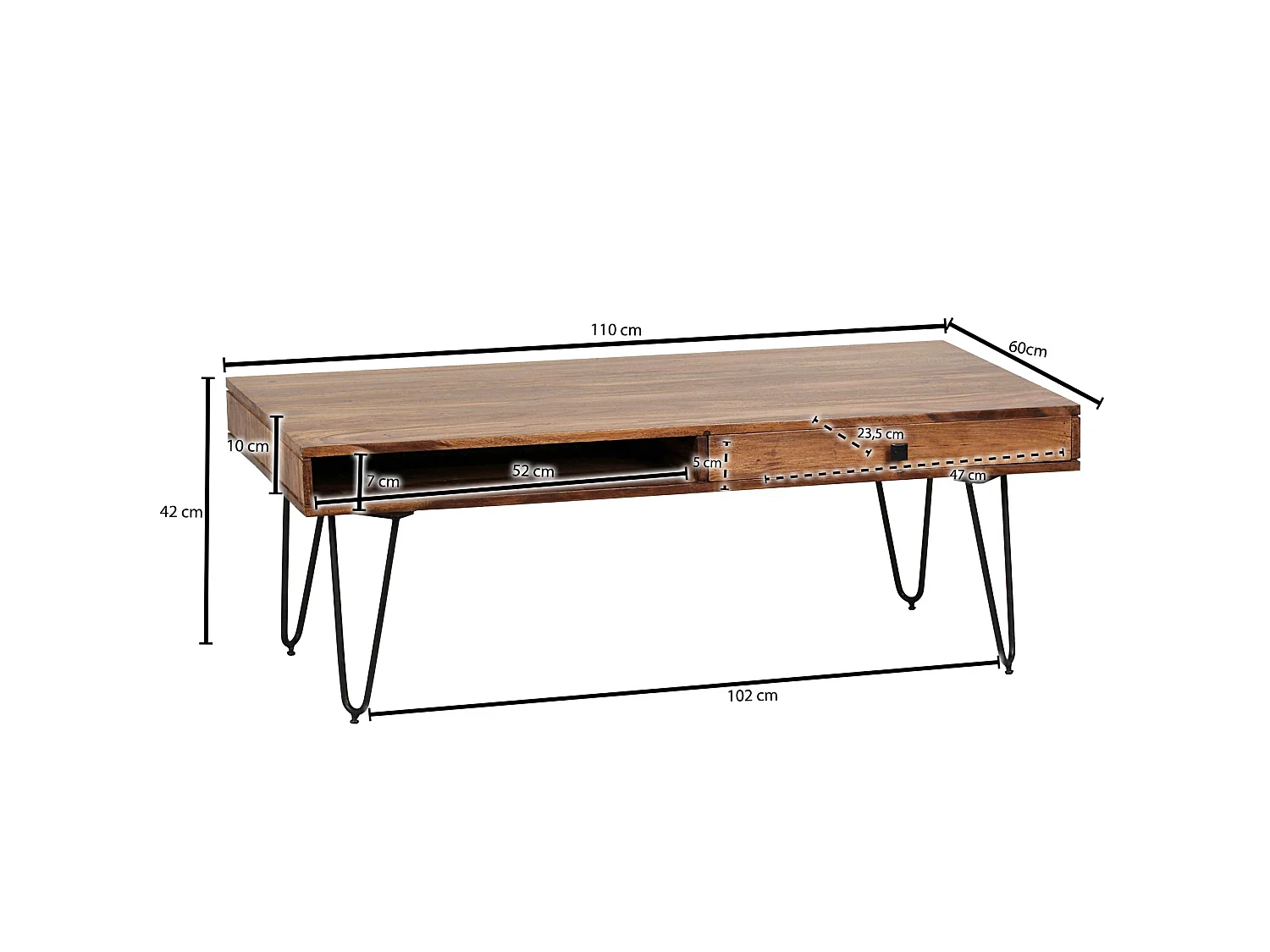 Massiver Couchtisch HARLEM 110 x 60 cm Schublade Wohnzimmertisch Holztisch Tisch