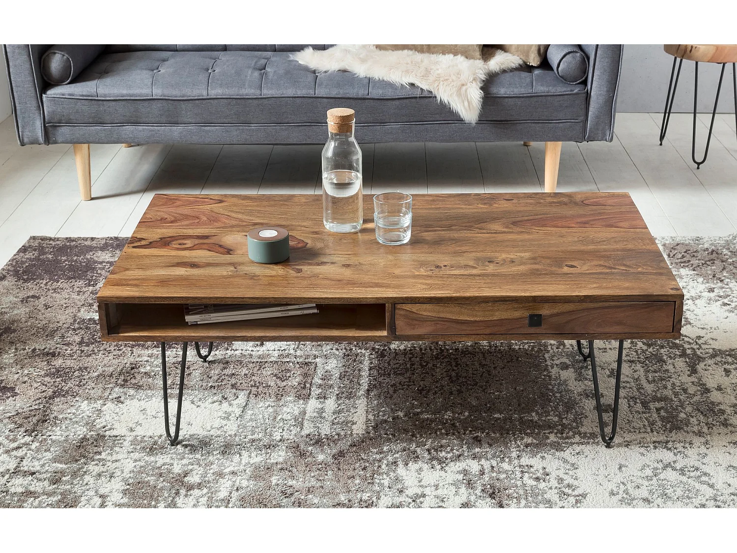 Massiver Couchtisch HARLEM 110 x 60 cm Schublade Wohnzimmertisch Holztisch Tisch